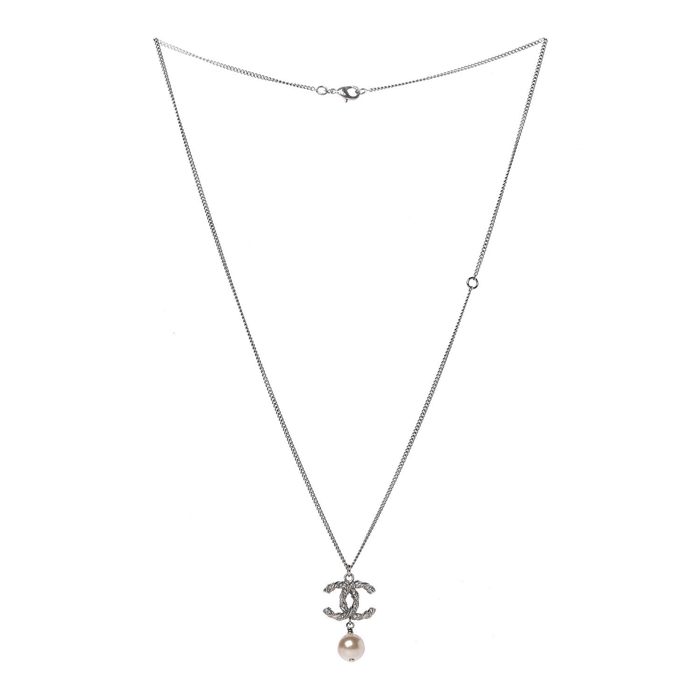 Crystal Pearl Twisted CC Drop Necklace Silver