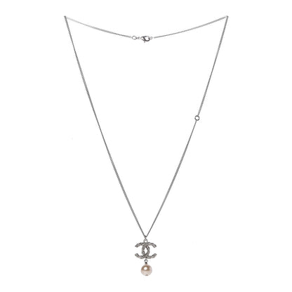 Chanel Crystal Pearl Twisted CC Drop Necklace Silver 3 of 4