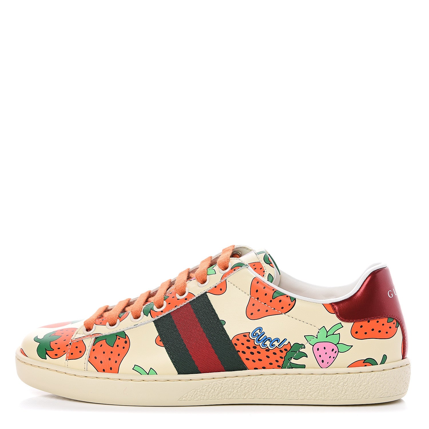 Gucci Calfskin Web Strawberry Print Womens Ace Sneakers 37.5 Ivory Red Green 1 of 11