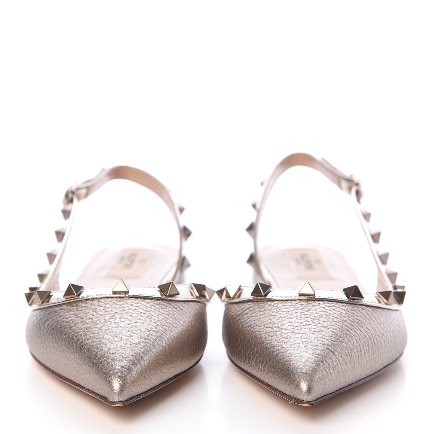Metallic Pebbled Calfskin Patent Rockstud Slingback Flats 38 Skin