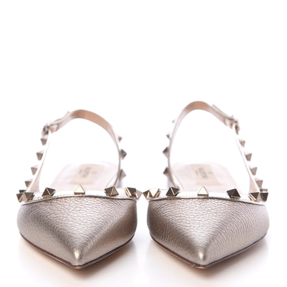 Valentino Garavani Metallic Pebbled Calfskin Patent Rockstud Slingback Flats 38 Skin 2 of 9