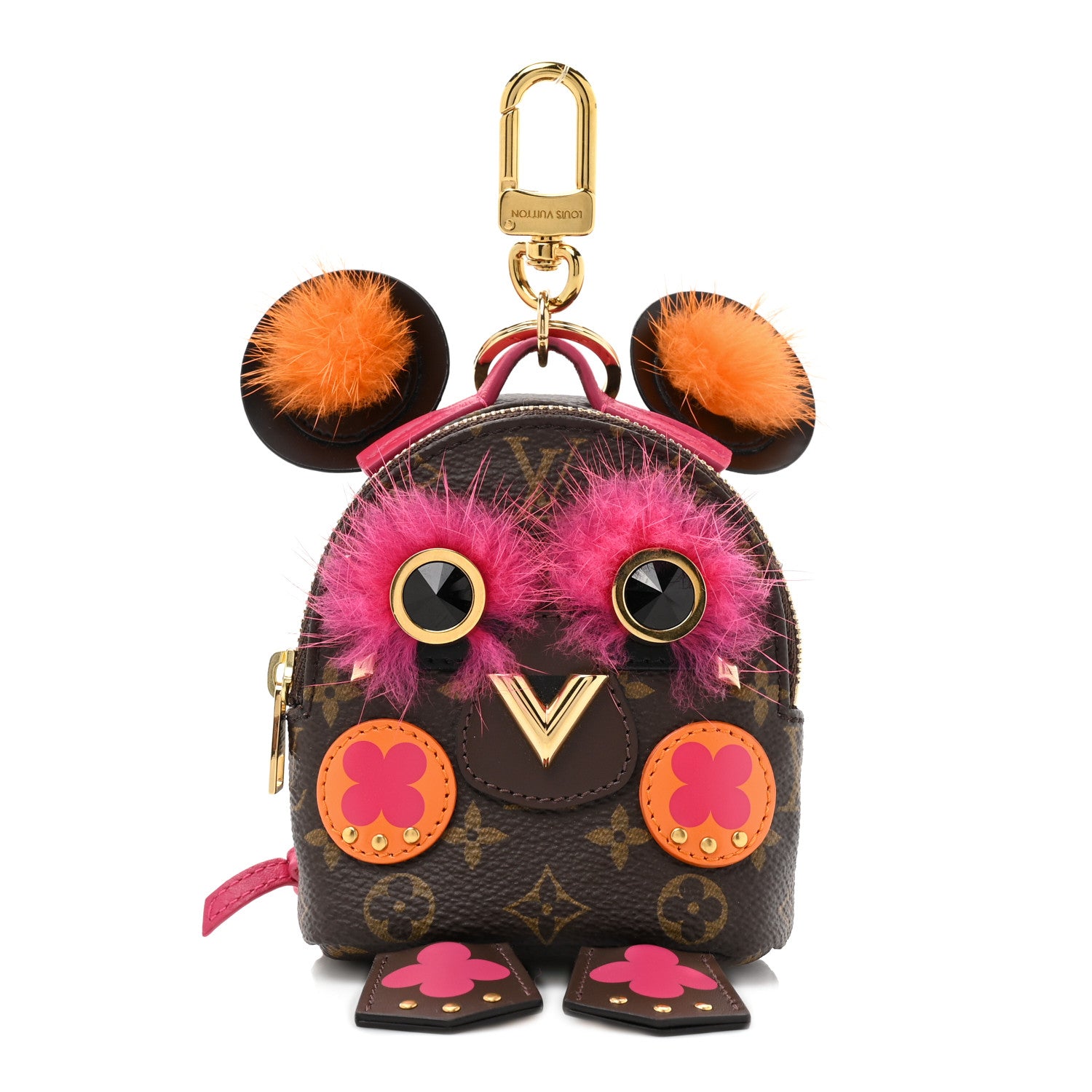 Louis Vuitton Monogram Calfskin Mink Fur Palm Springs Bear Bag Charm Key Holder Pink Orange 1 of 11