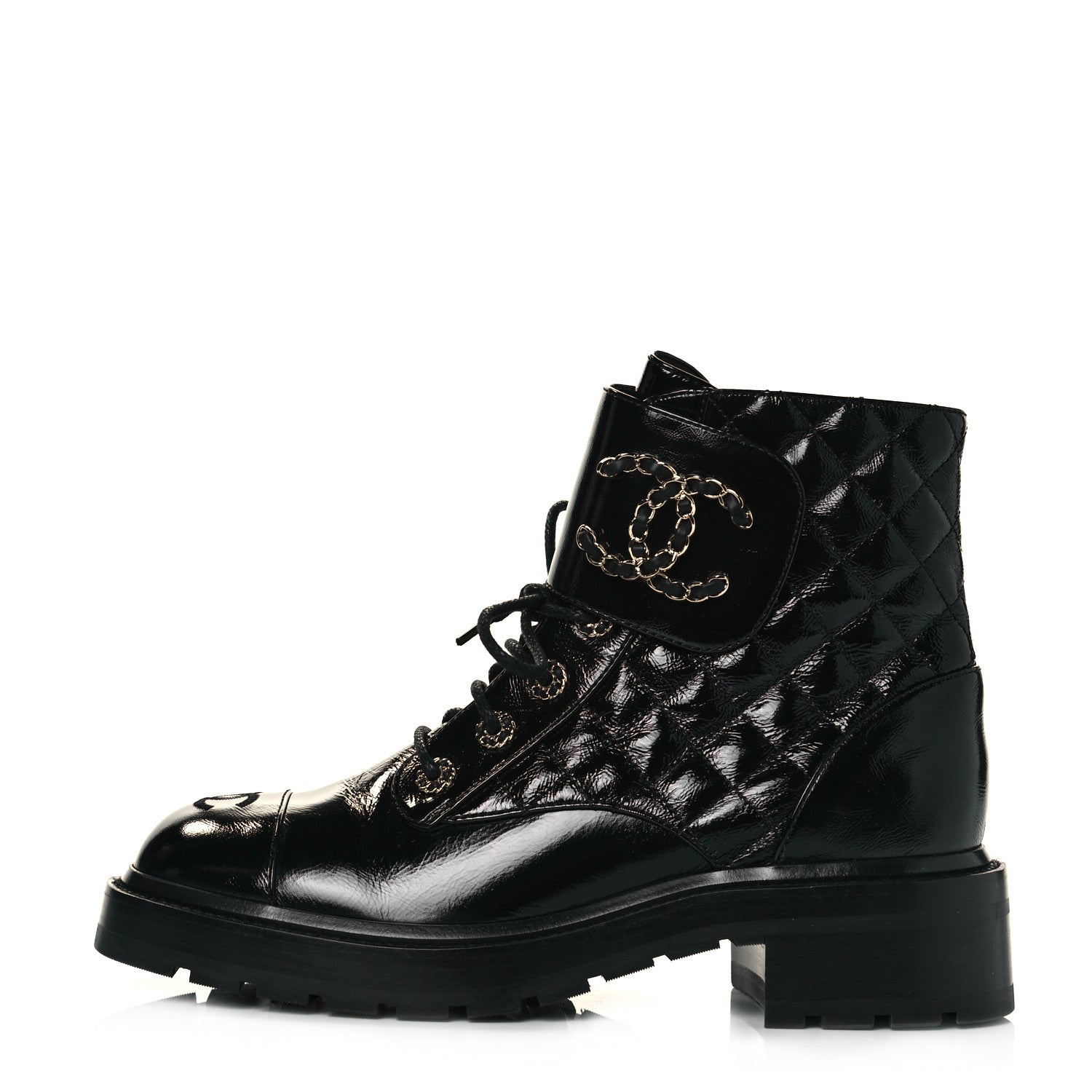 Chanel Shiny Calfskin Quilted Lace Up Combat Boots 39.5 Black 1 of 8