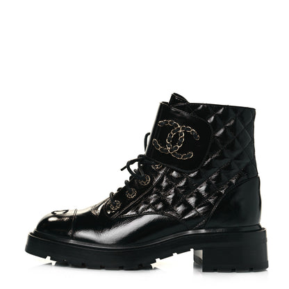Chanel Shiny Calfskin Quilted Lace Up Combat Boots 39.5 Black 1 of 8