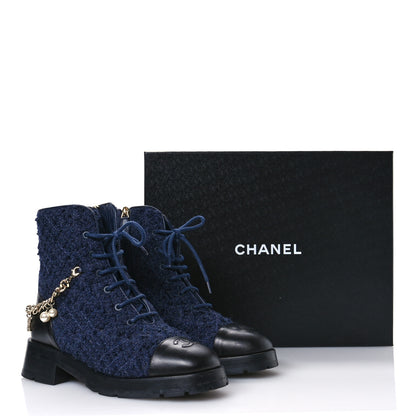 Chanel Wool Tweed Calfskin Chain Lace Up Combat Boots 40.5 Navy Blue Black 9 of 9