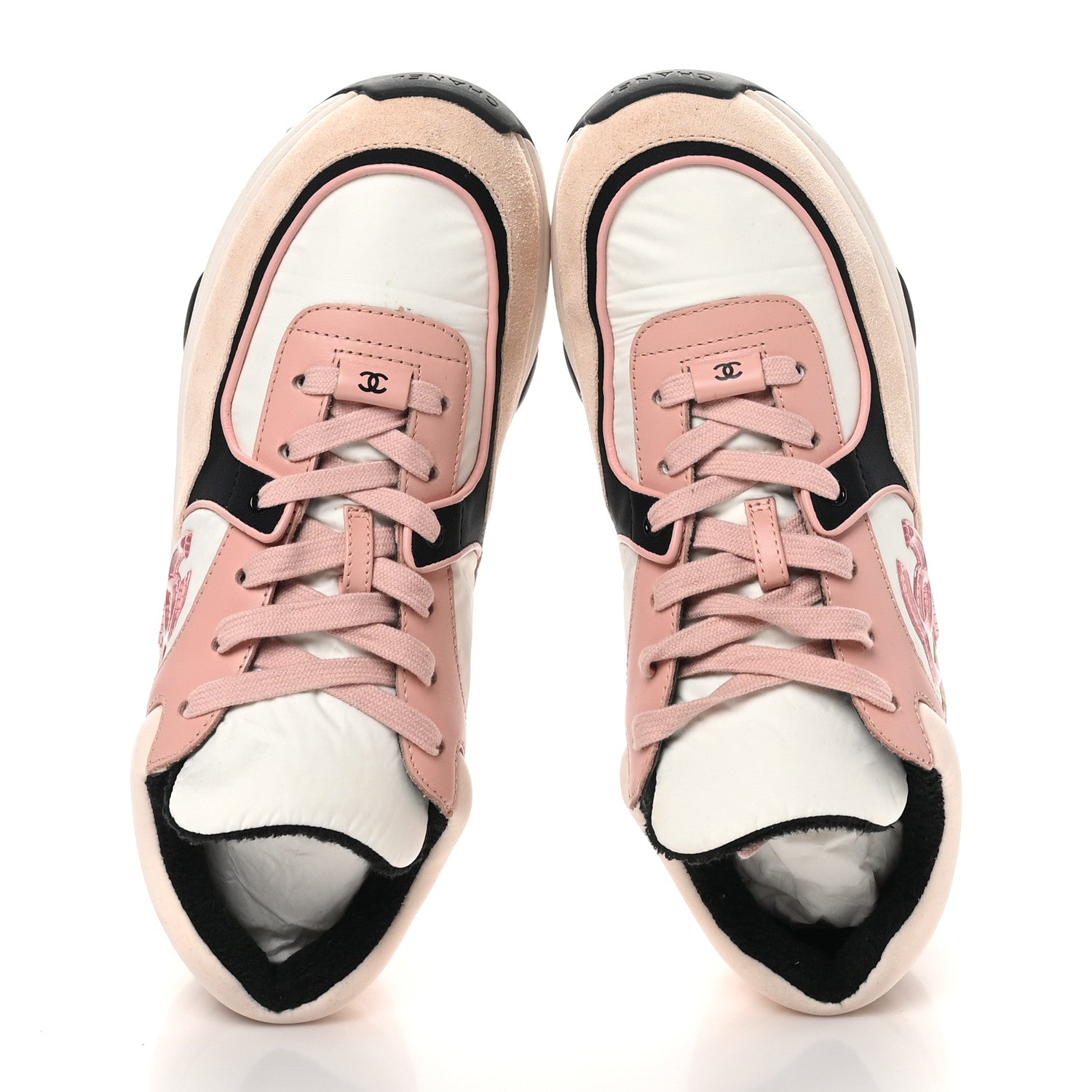 Chanel Nylon Lambskin Suede Calfskin CC Sneakers 40.5 Pink White Black 2 of 9