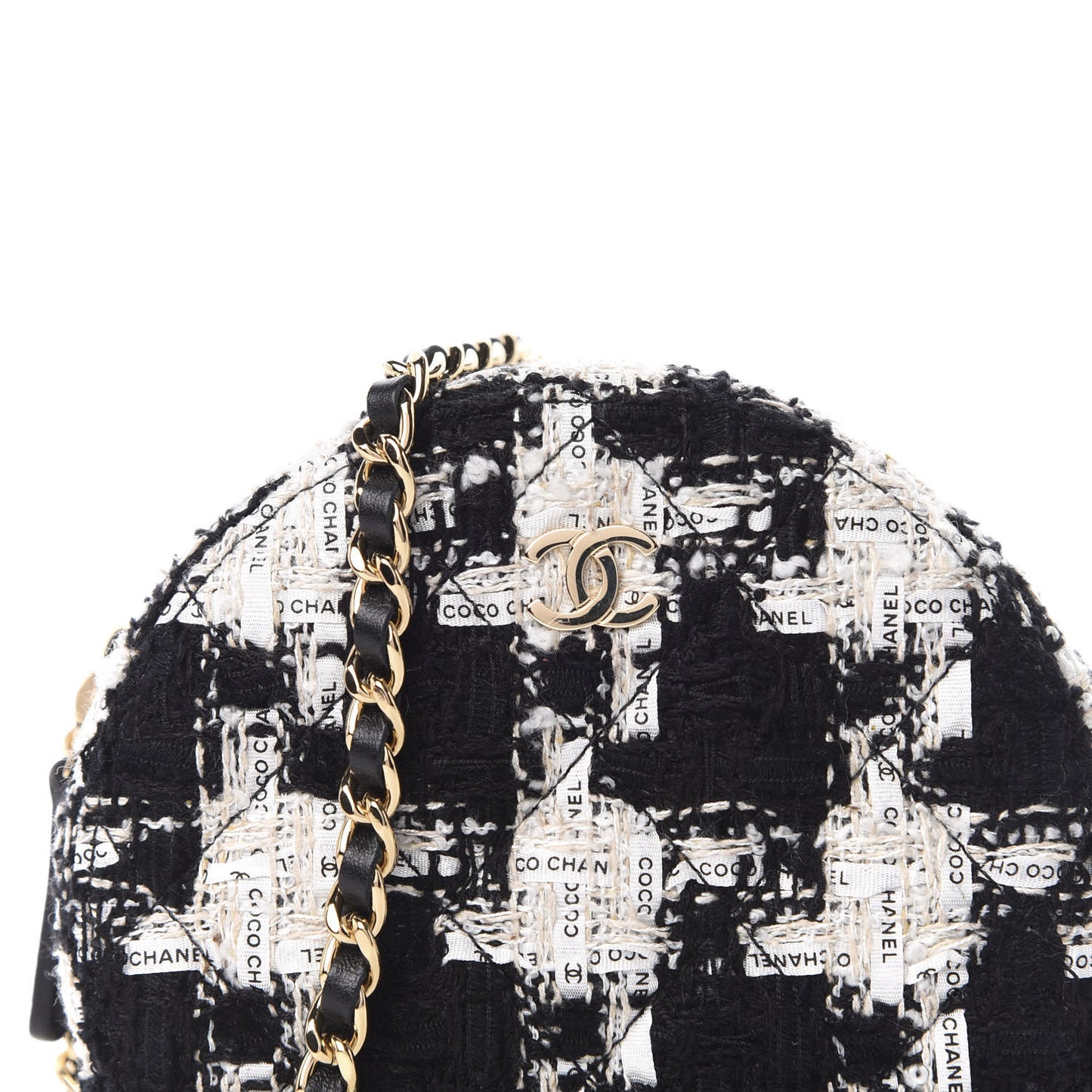 Tweed Round Clutch With Chain Black White