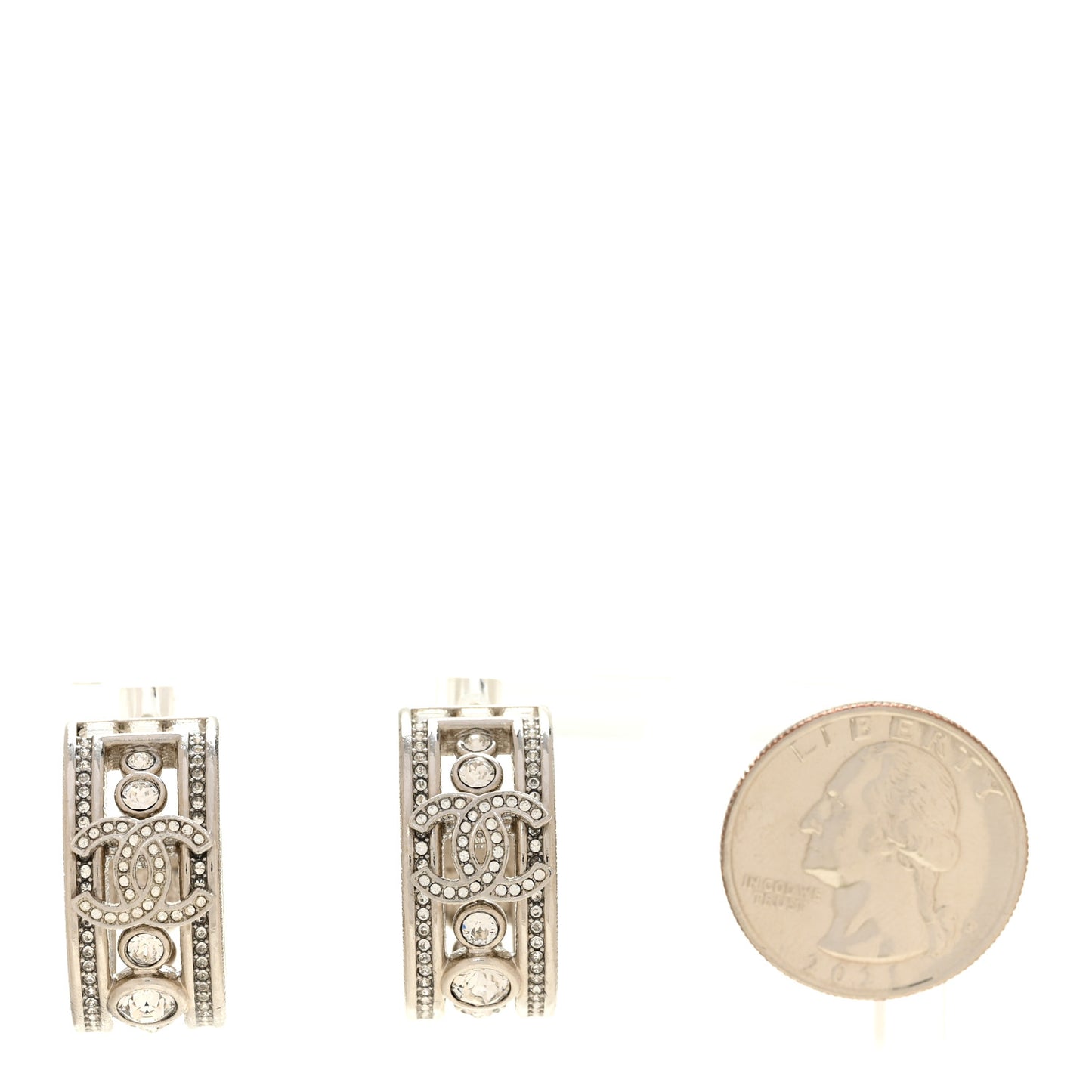 Metal Crystal CC Hoop Earrings Silver