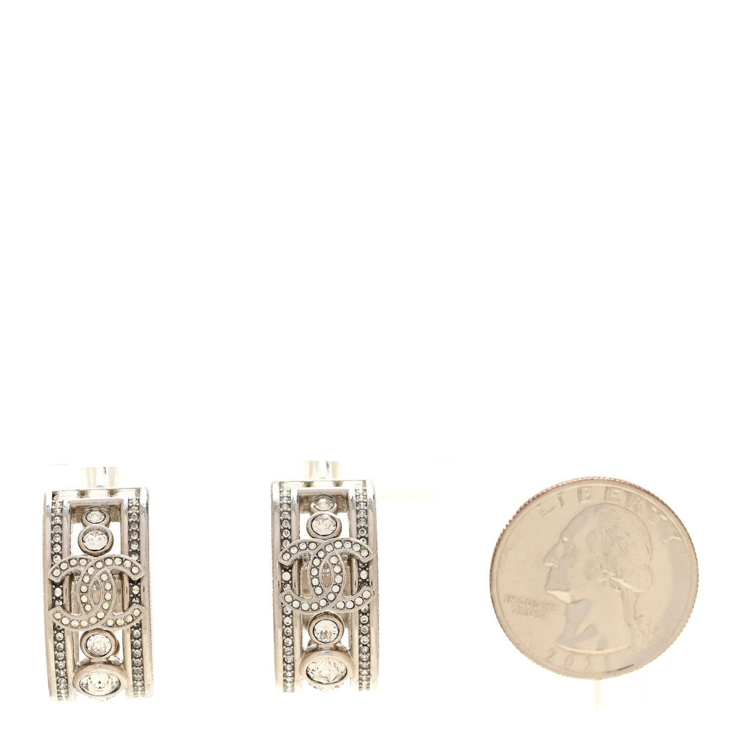 Chanel Metal Crystal CC Hoop Earrings Silver 2 of 5