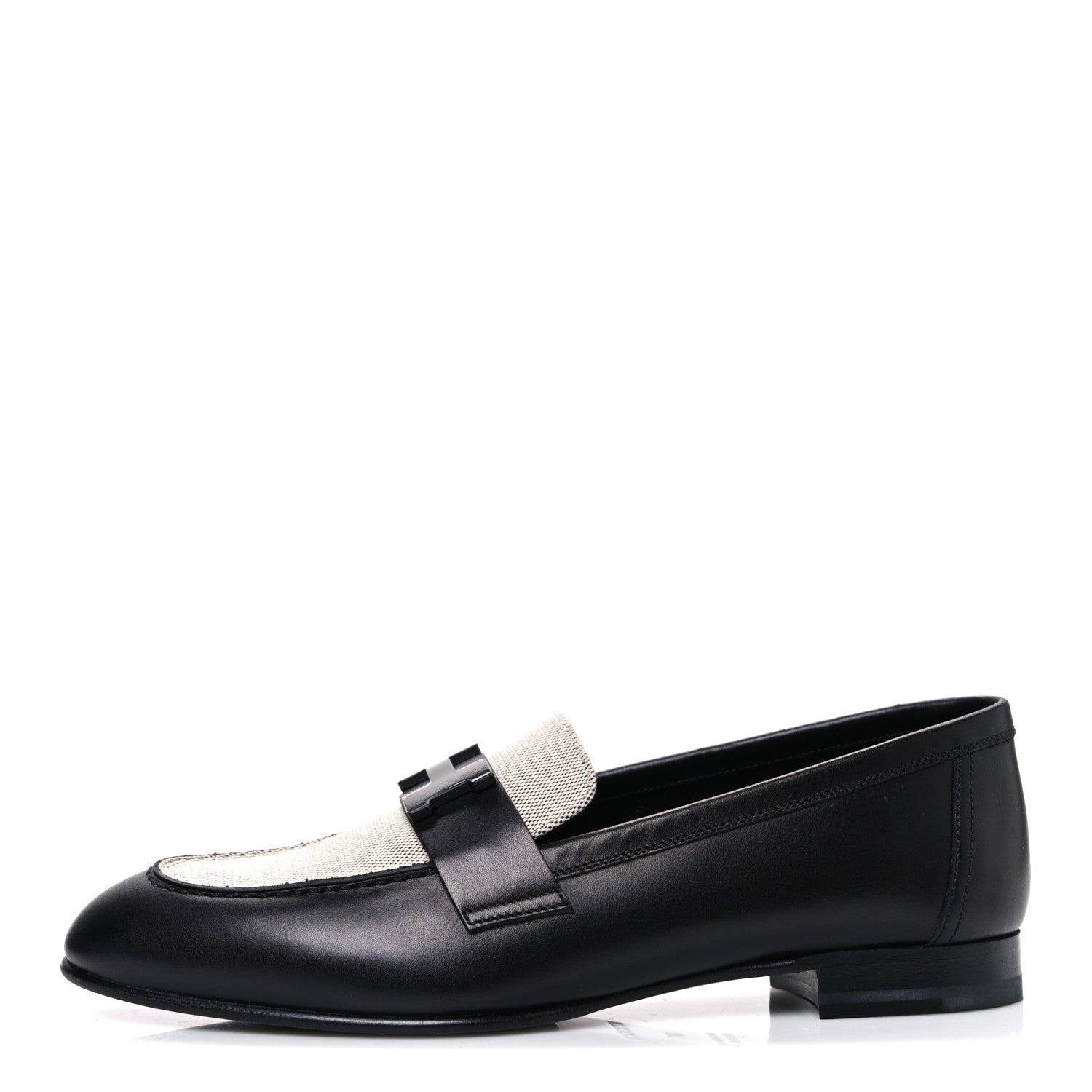 Hermes Toile De Coton Calfskin Womens Paris Loafers 37 Black Prunoir 1 of 11