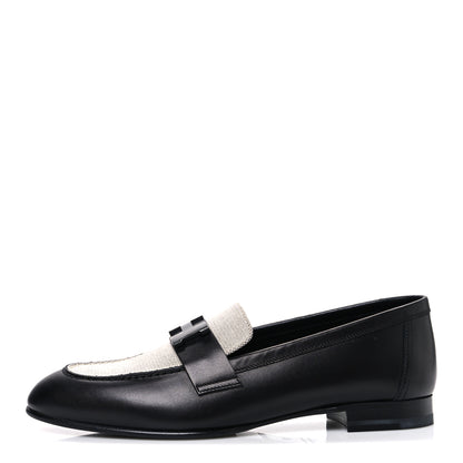 Hermes Toile De Coton Calfskin Womens Paris Loafers 37 Black Prunoir 1 of 11
