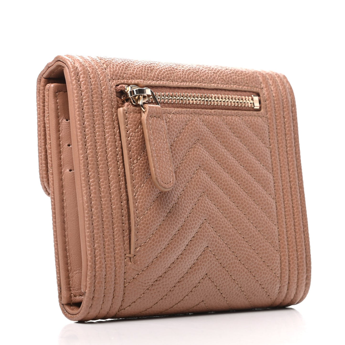 Caviar Chevron Quilted Boy Compact Wallet Light Brown