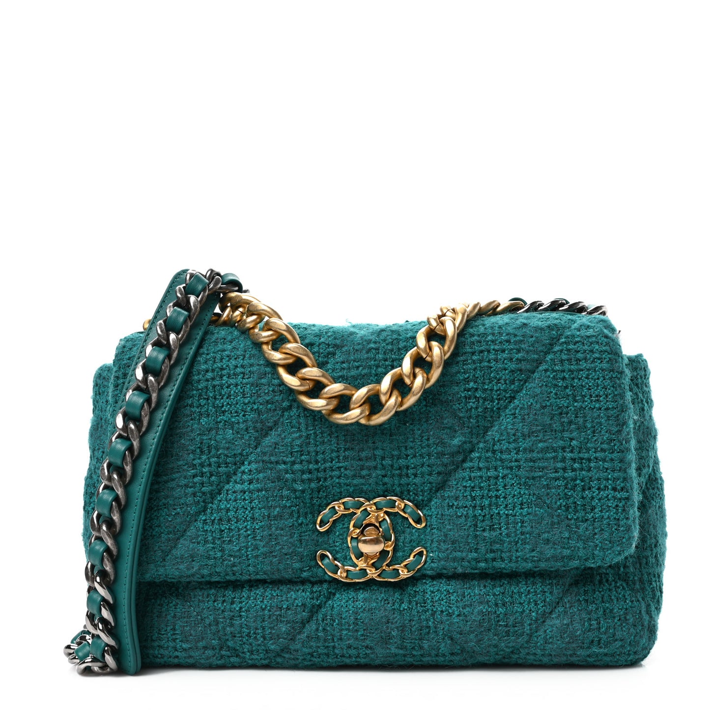 Tweed Quilted Medium Chanel 19 Flap Green