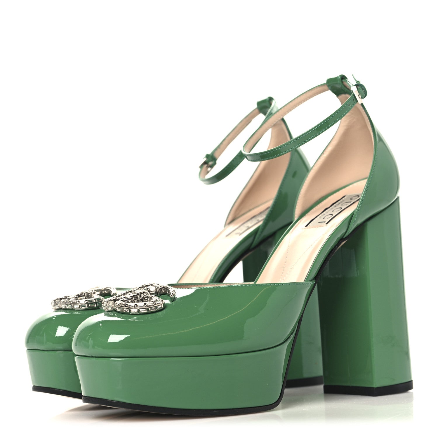 Gucci Patent Crystal Double G Platform Pumps 38.5 New Shamarock 4 of 10