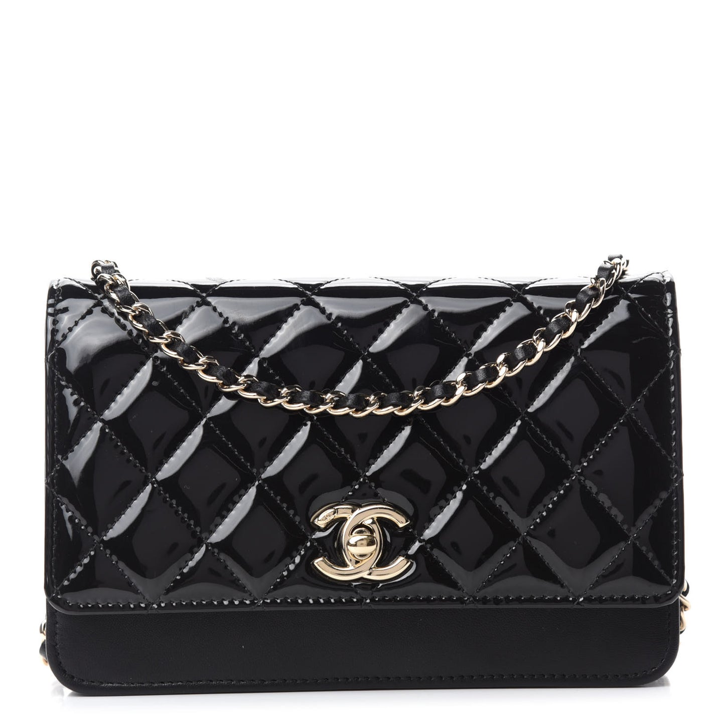 Patent Lambskin Quilted Wallet On Chain WOC Black