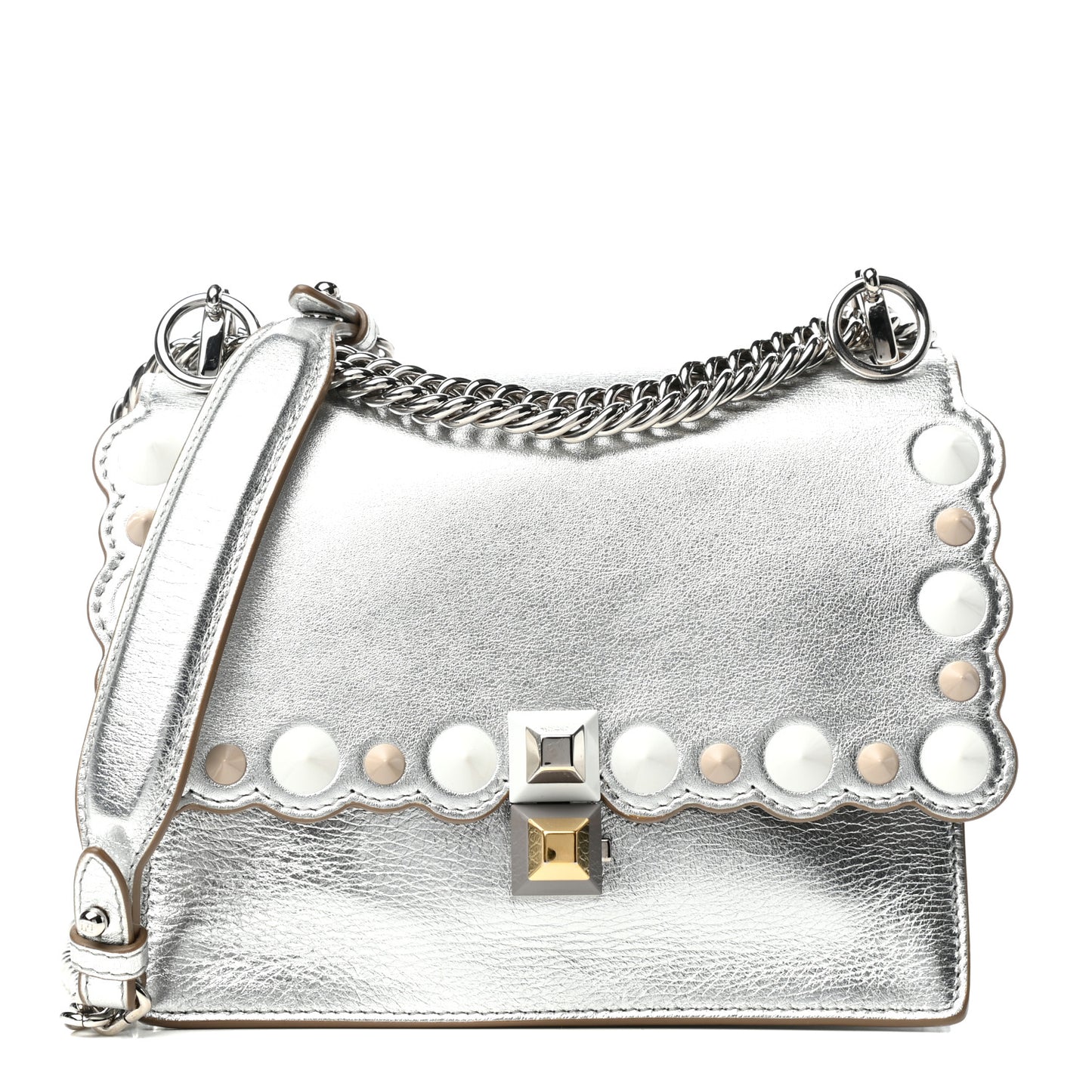 Vitello Catalan Mirror Scalloped Multi Studded Small Kan I Shoulder Bag Argento