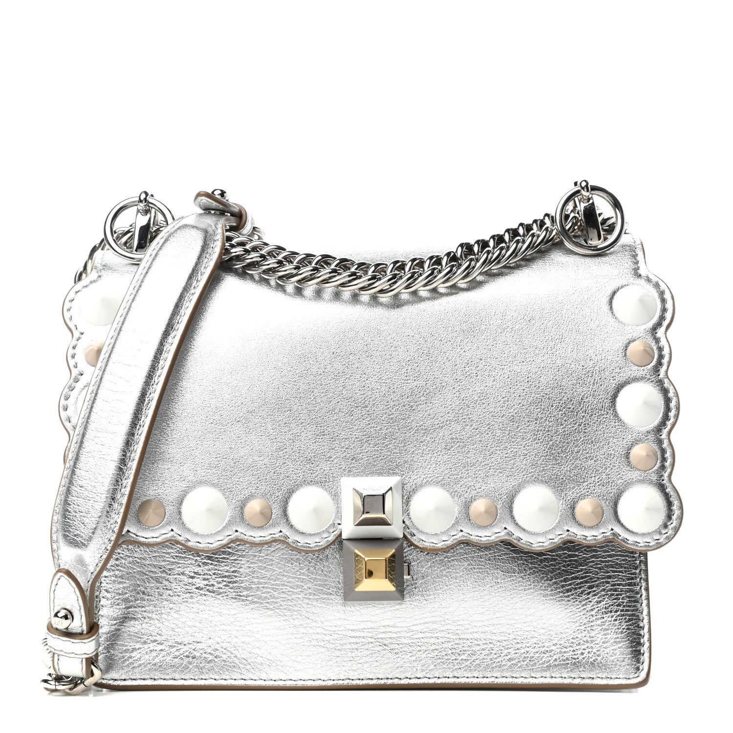 Fendi Vitello Catalan Mirror Scalloped Multi Studded Small Kan I Shoulder Bag Argento 1 of 9
