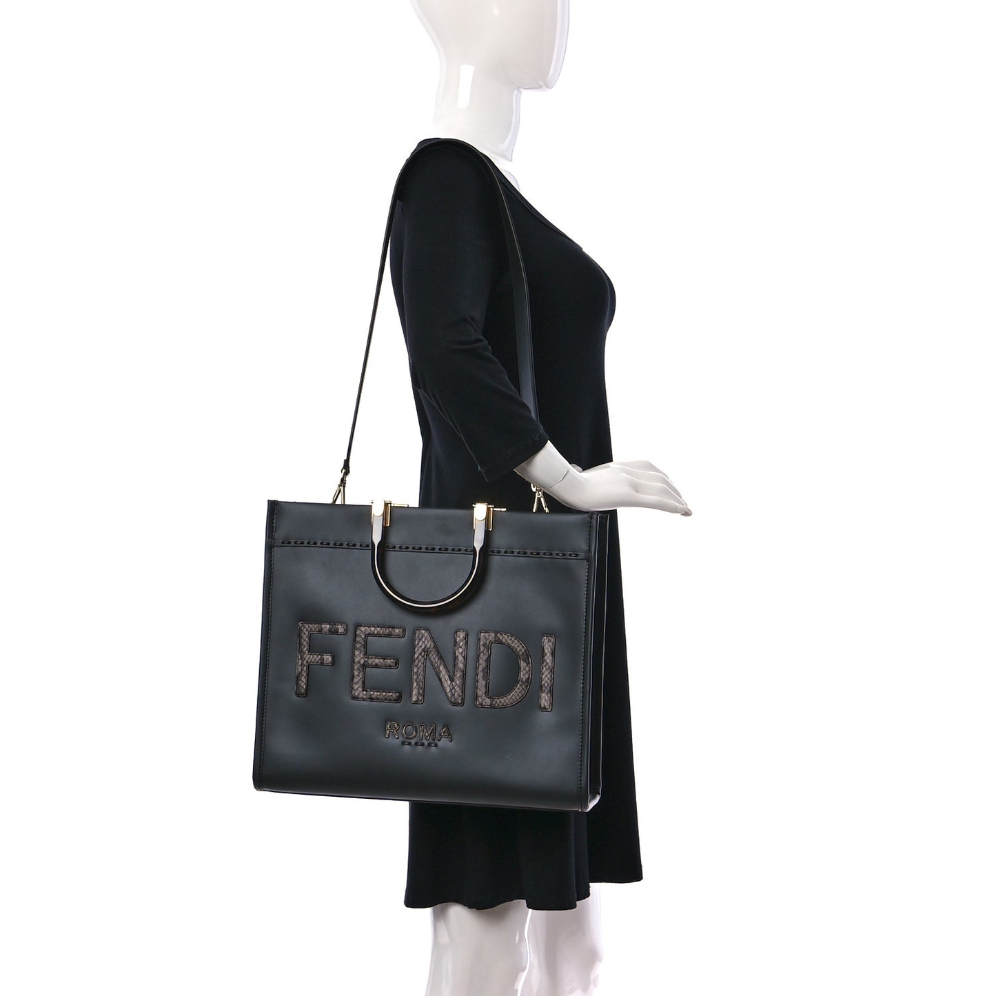 Vitello King Plexiglass Elaphe Python Print Logo Medium Fendi Sunshine Shopper Tote Dark Asphalt