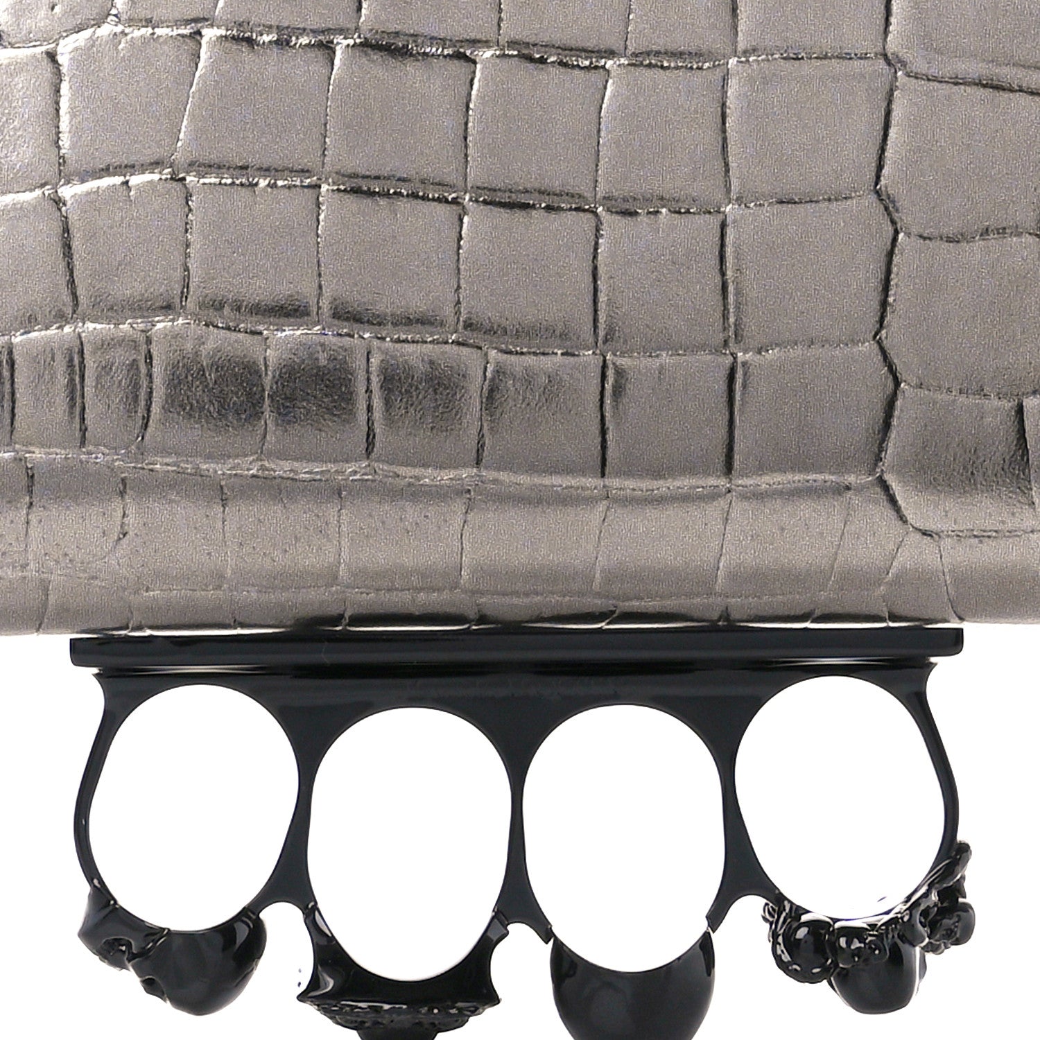 Alexander McQueen Metallic Calfskin Crocodile Embossed Knuckle Flat Zip Clutch Silver 9 of 11