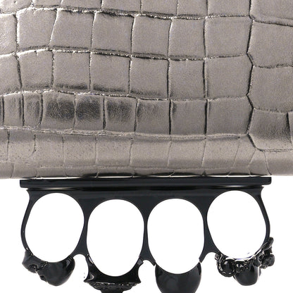 Alexander McQueen Metallic Calfskin Crocodile Embossed Knuckle Flat Zip Clutch Silver 9 of 11