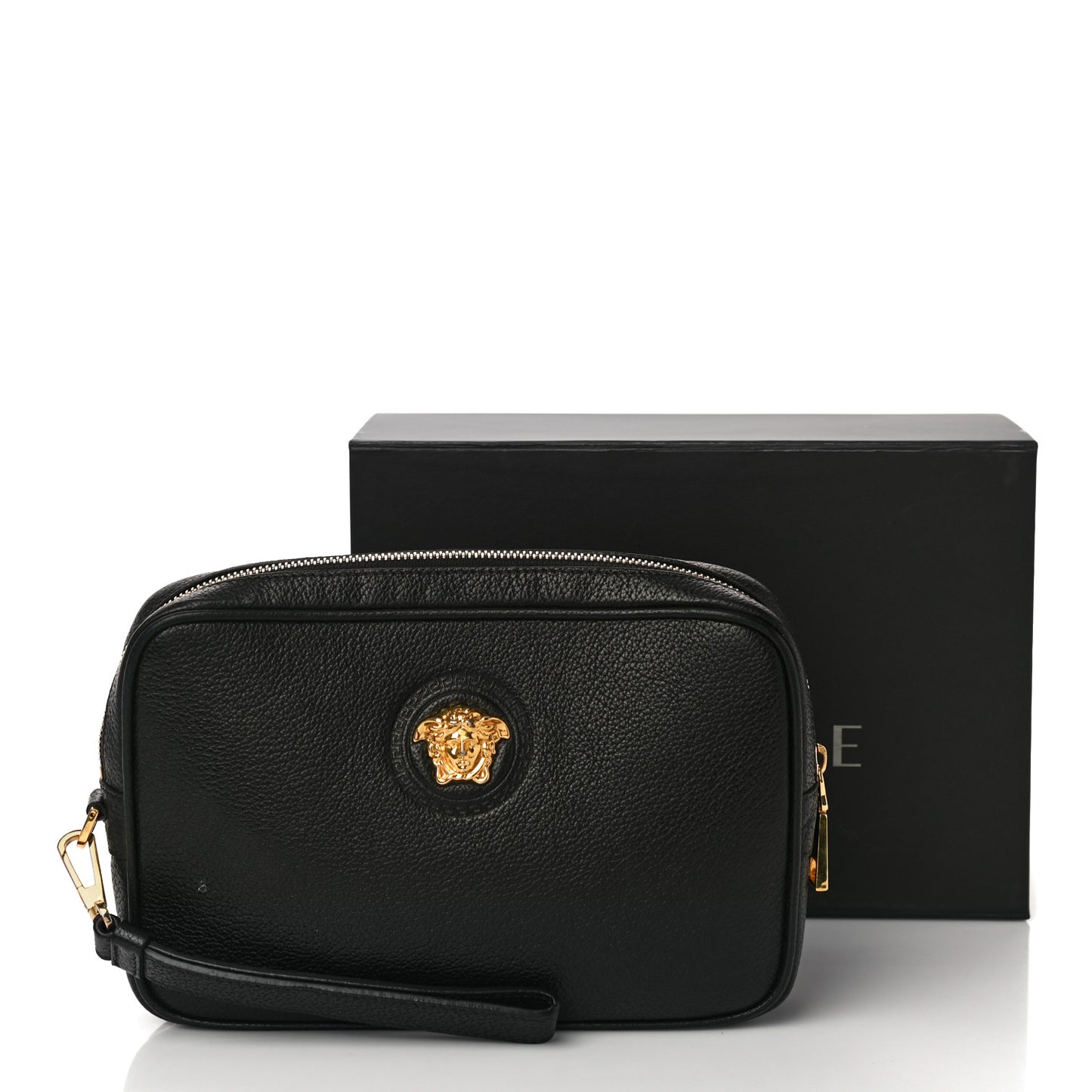 Grained Calfskin Medusa Wristlet Pouch Black