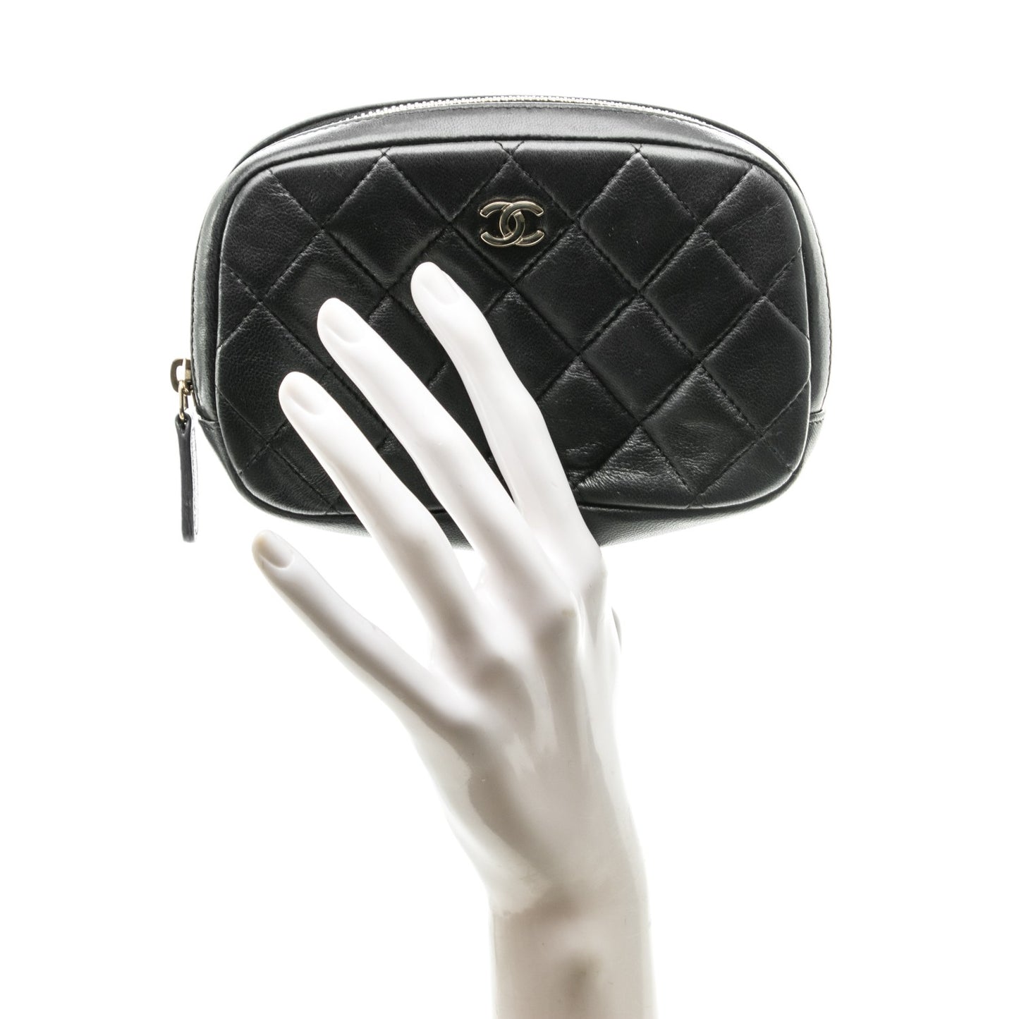 Lambskin Quilted Small Curvy Pouch Cosmetic Case Black