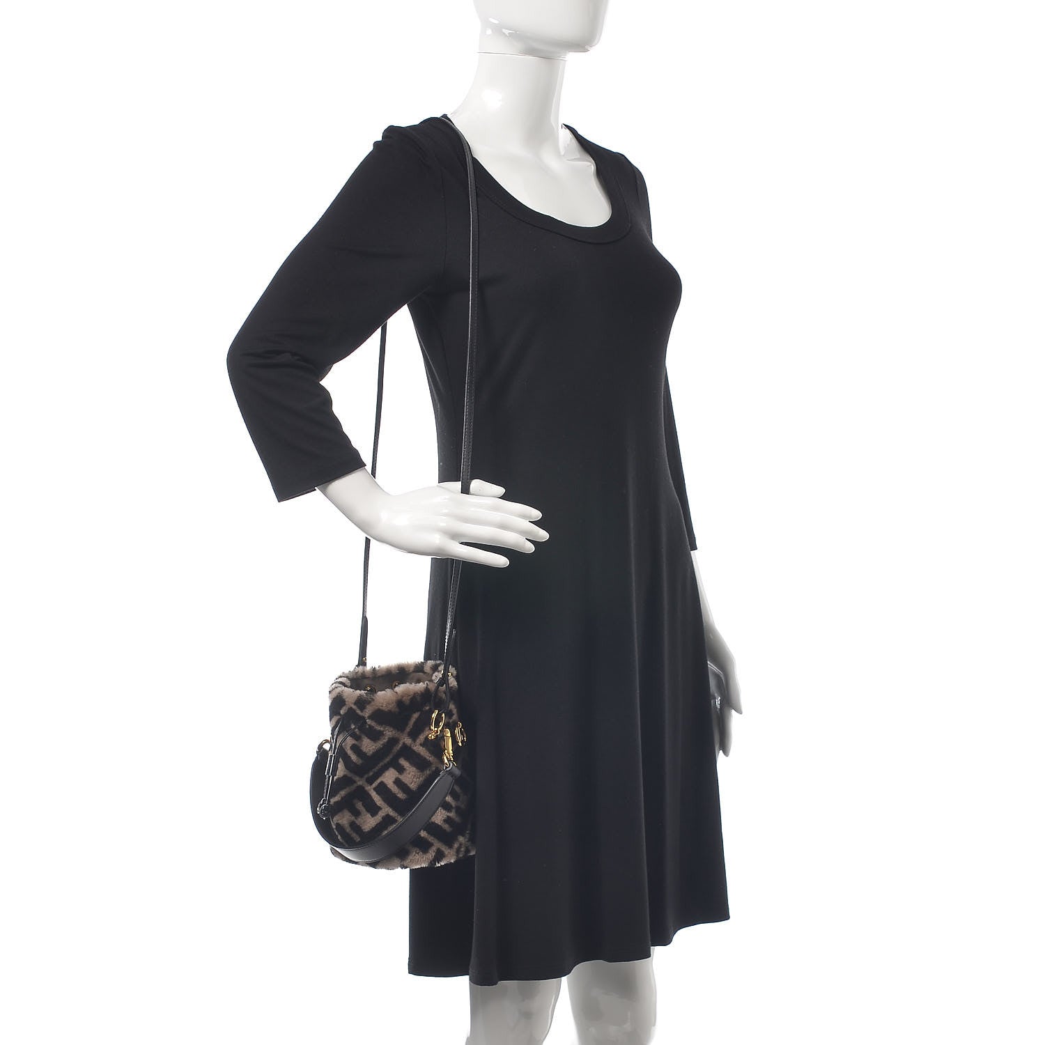 Fendi Shearling F is Macro FF 1974 Diagonal Mini Mon Tresor Bucket Bag Dove Black 3 of 8