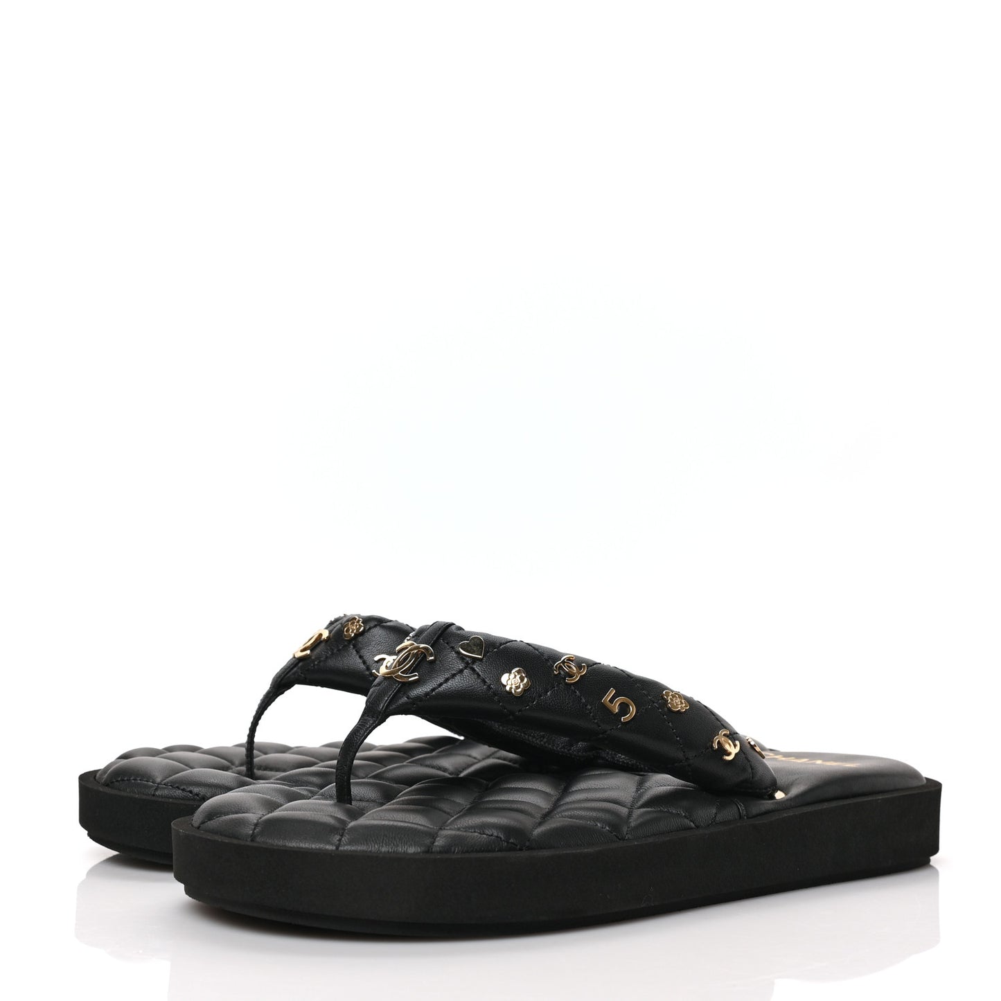 Lambskin Quilted Padded Charms Thong Sandals 39.5 Black