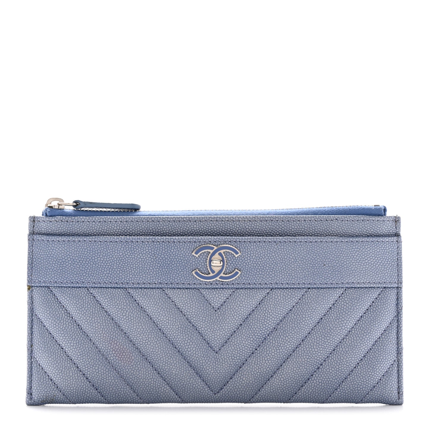 Metallic Caviar Chevron Quilted Mademoiselle Vintage Zip Pouch Blue