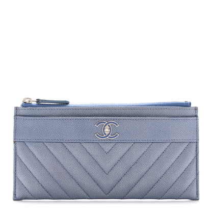 Chanel Metallic Caviar Chevron Quilted Mademoiselle Vintage Zip Pouch Blue 1 of 9
