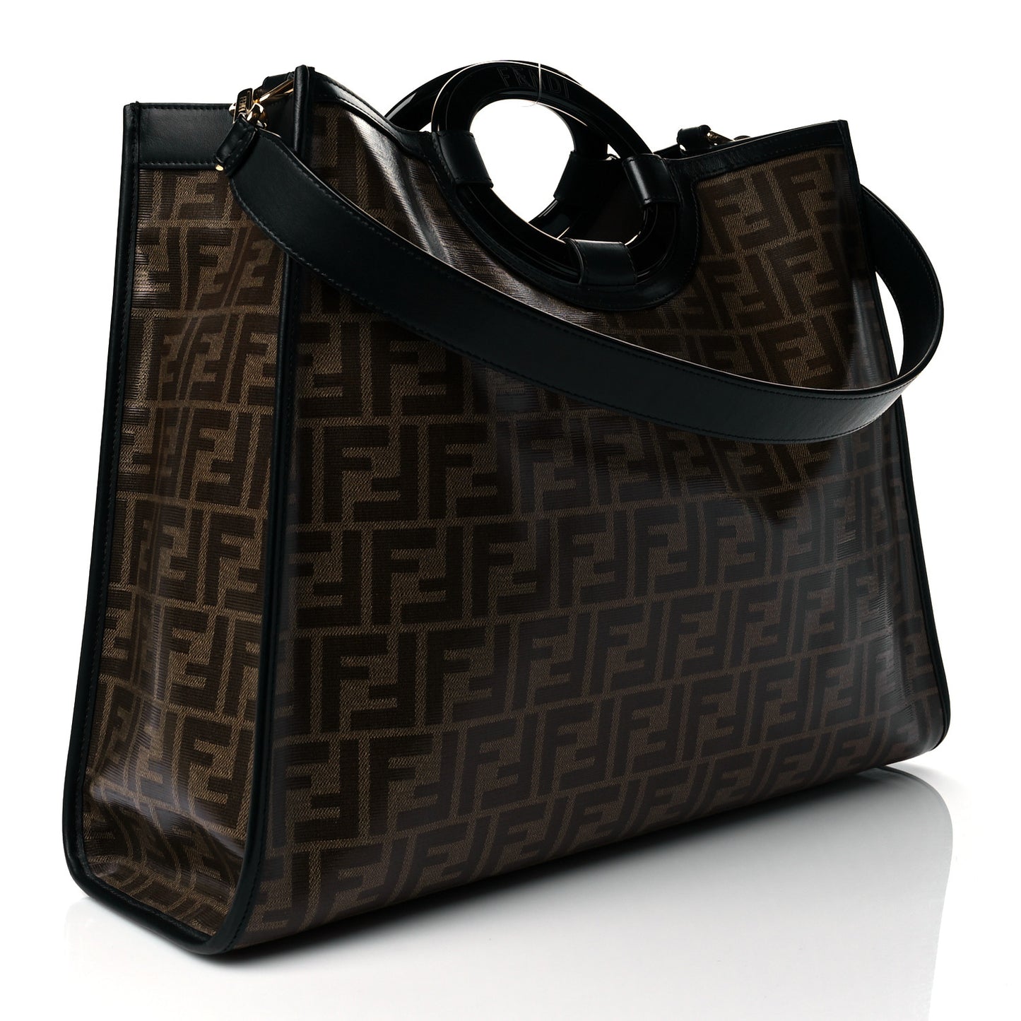 Glazed Fabric Vitello Century Plexiglass FF 1974 Stamp Patch Medium Runaway Shopper Tote Mogano Panna Black