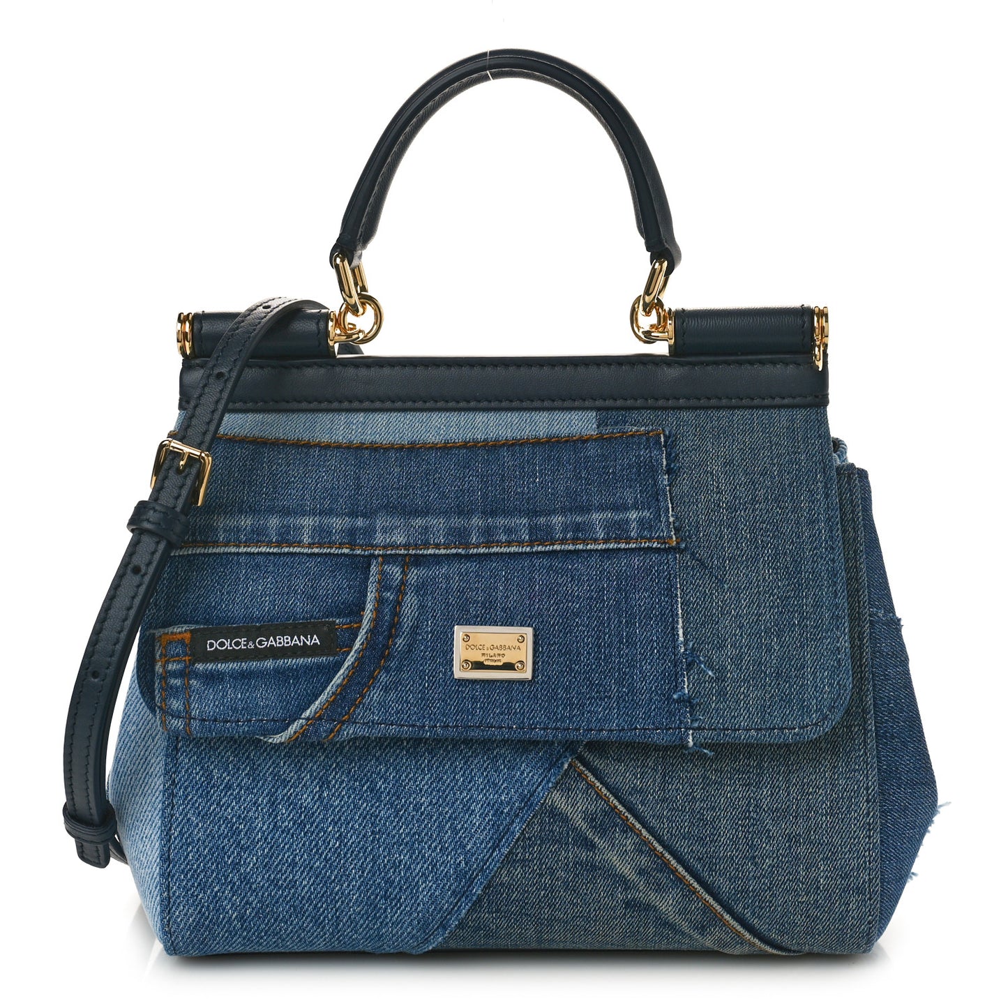 Calfskin Denim Patchwork Mini Miss Sicily Satchel Blue