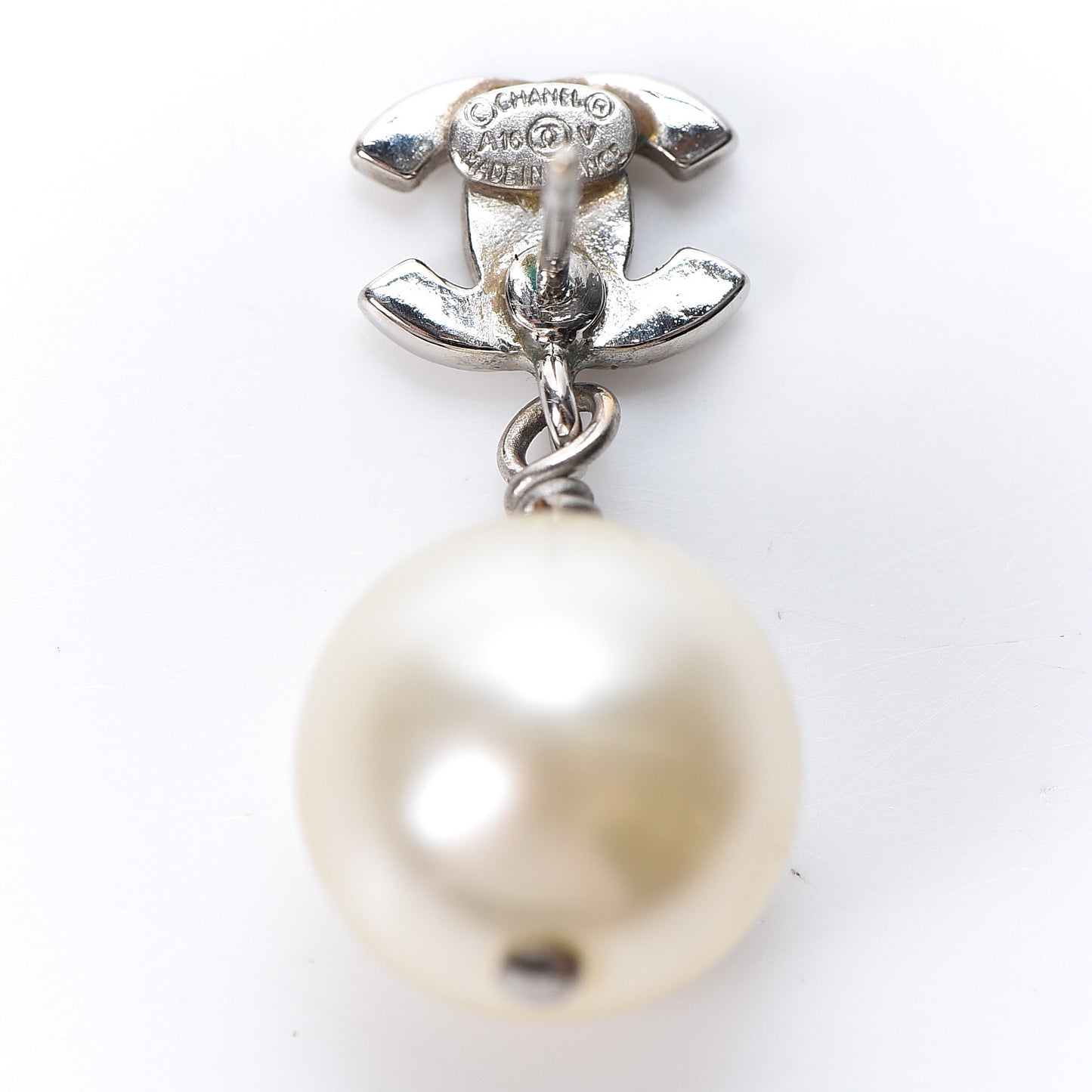 Crystal Pearl CC Drop Earrings Silver