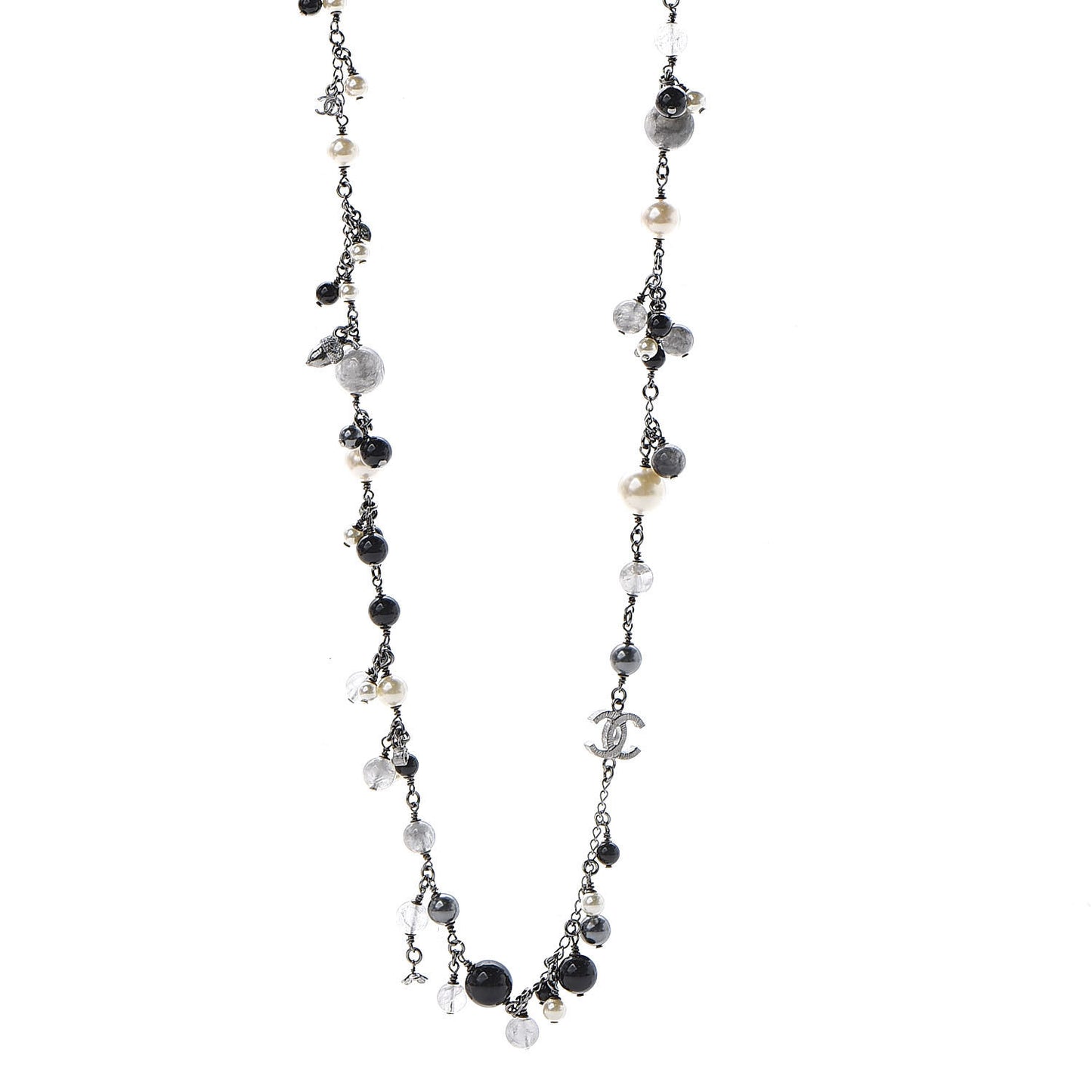 Pearl Crystal Bead CC Long Necklace Black