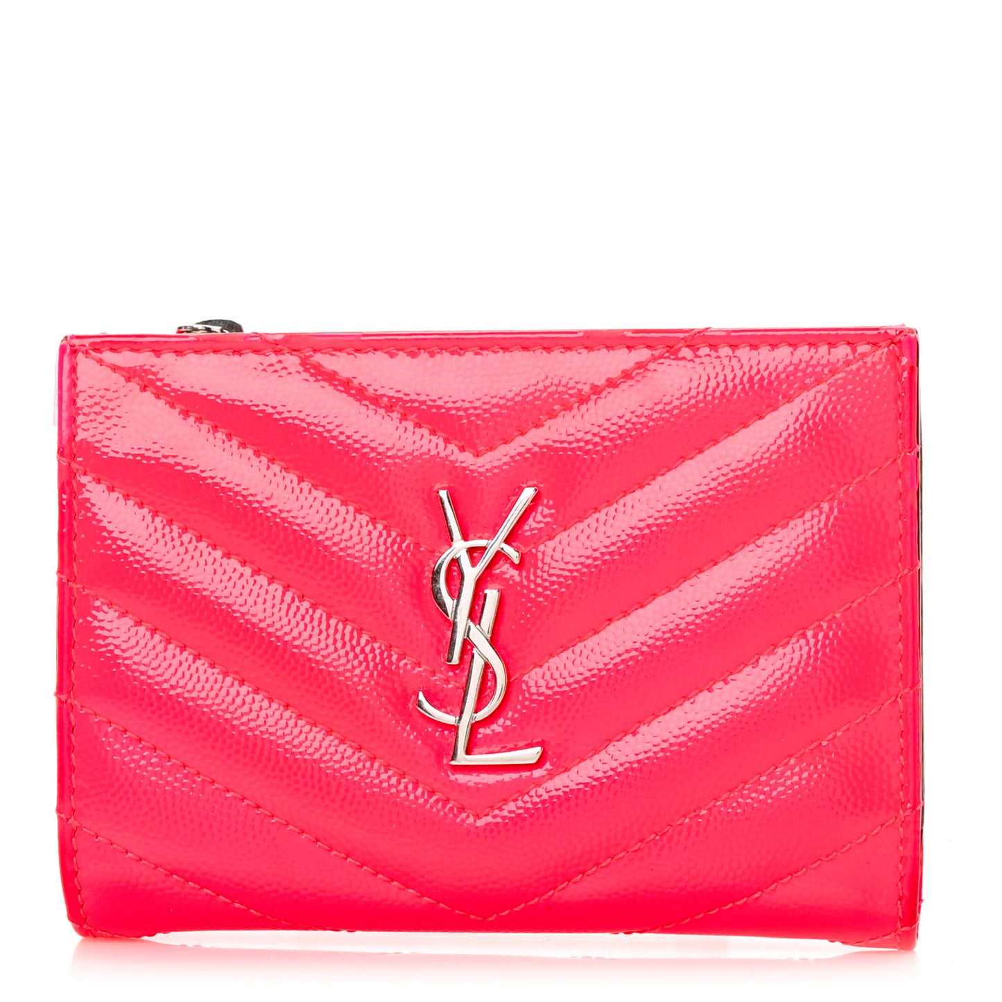 Patent Grain De Poudre Matelasse Chevron Monogram Zipped Two-Part Wallet Neon Pink
