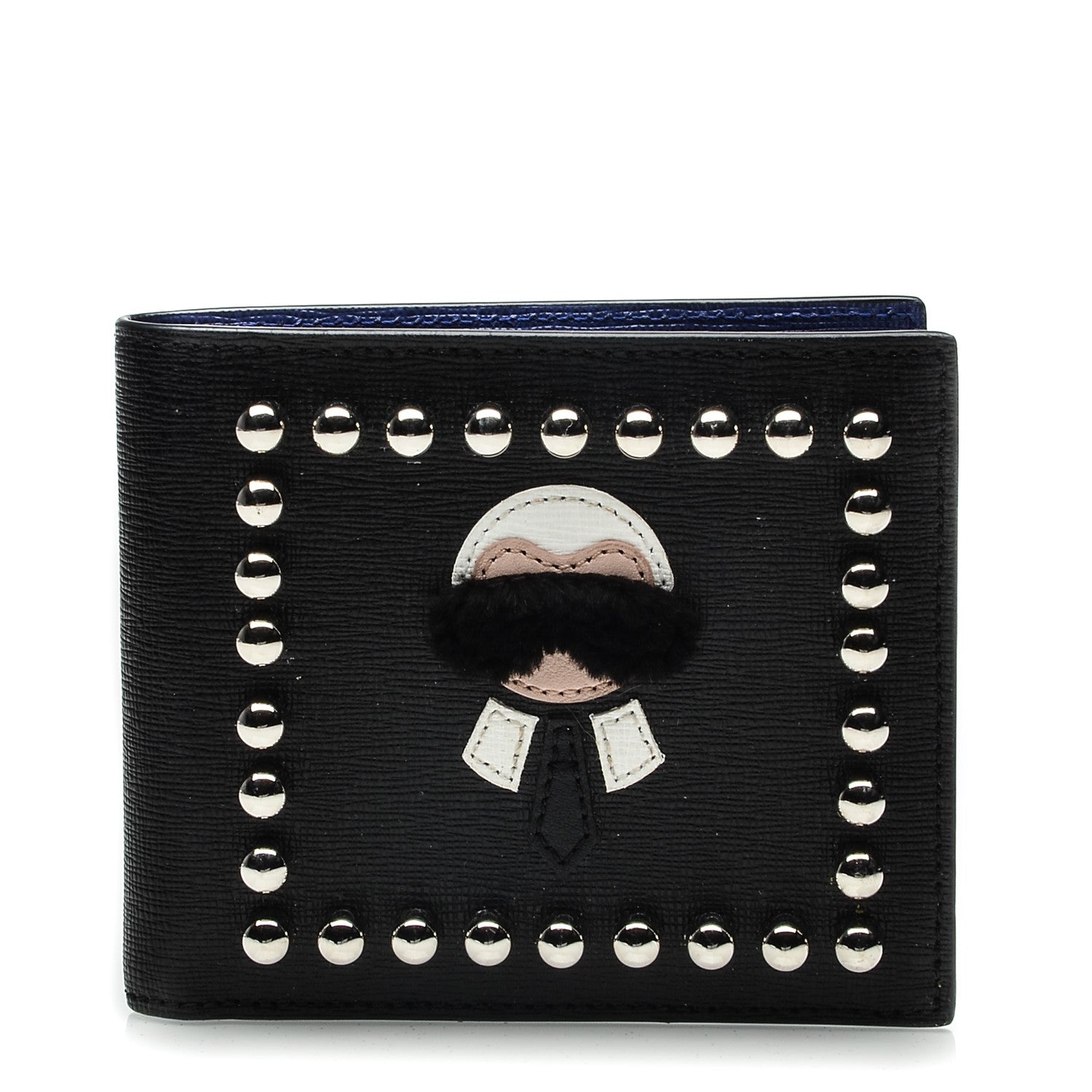 Fendi Vitello Elite Flamingo Mink Karlito Studded Bi-Fold Wallet Black White Plaster 1 of 9