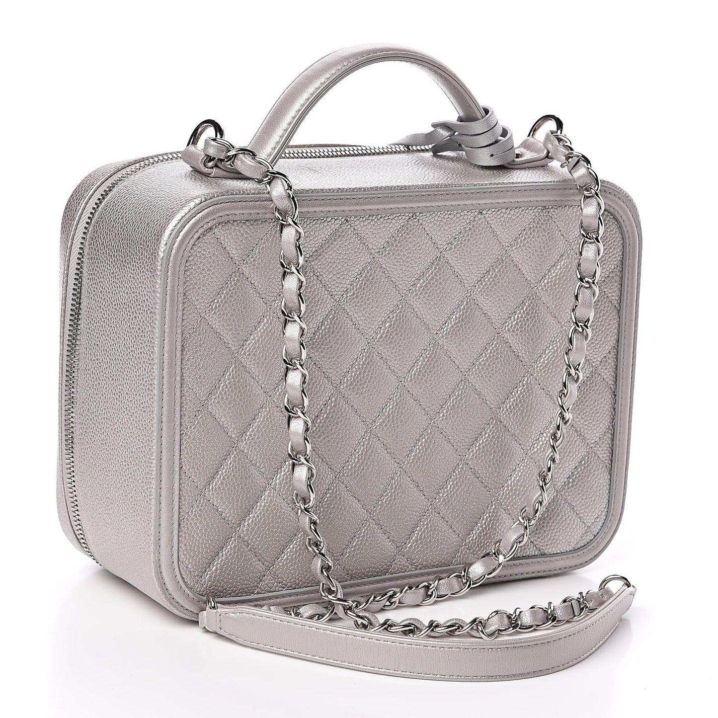 Metallic Caviar Quilted Large CC Filigree Vanity Case Silver