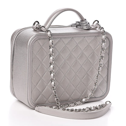 Chanel Metallic Caviar Quilted Large CC Filigree Vanity Case Silver 3 of 12