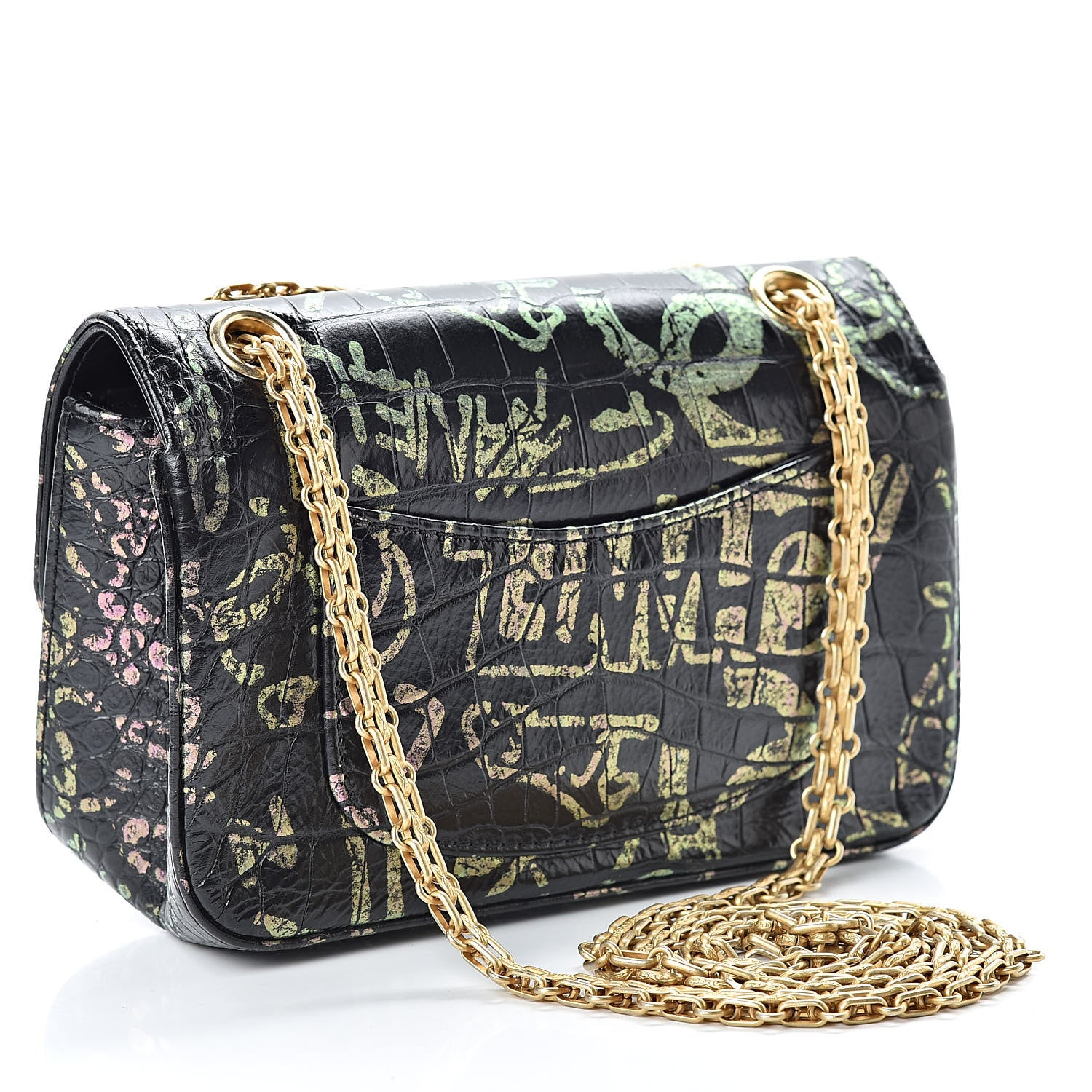 Chanel Calfskin Crocodile Embossed Graffiti 2.55 Mini Cocodile Reissue Flap Black Pink 3 of 11