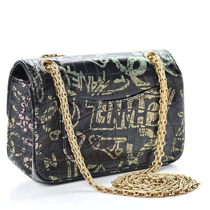 Chanel Calfskin Crocodile Embossed Graffiti 2.55 Mini Cocodile Reissue Flap Black Pink 3 of 11