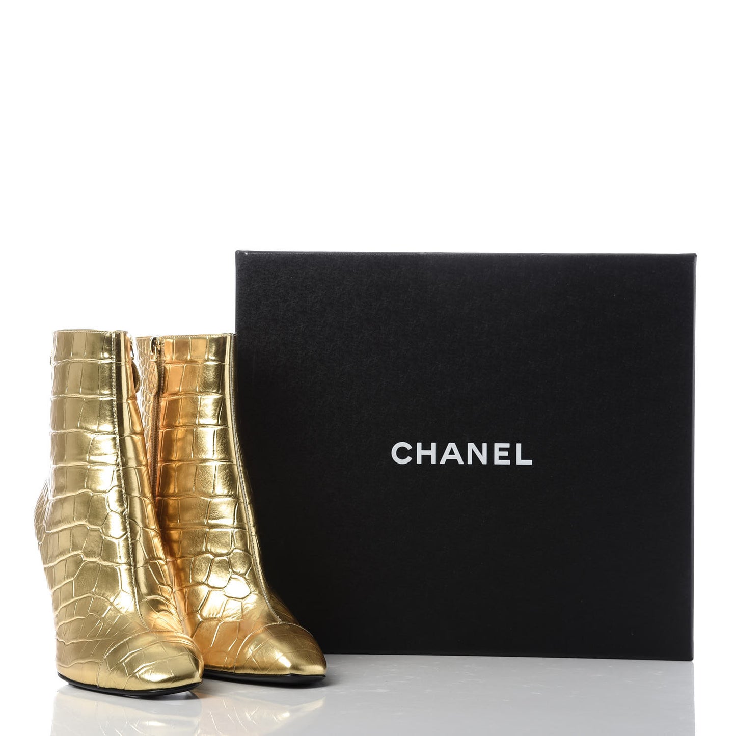 Calfskin Crocodile Embossed Cap Toe Ankle Boots 39 Gold