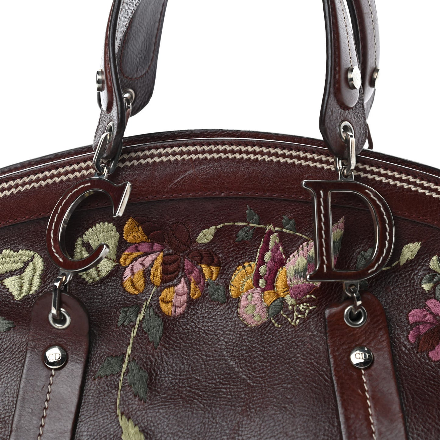 Grained Calfskin Romantic Flowers Frame Satchel Brown
