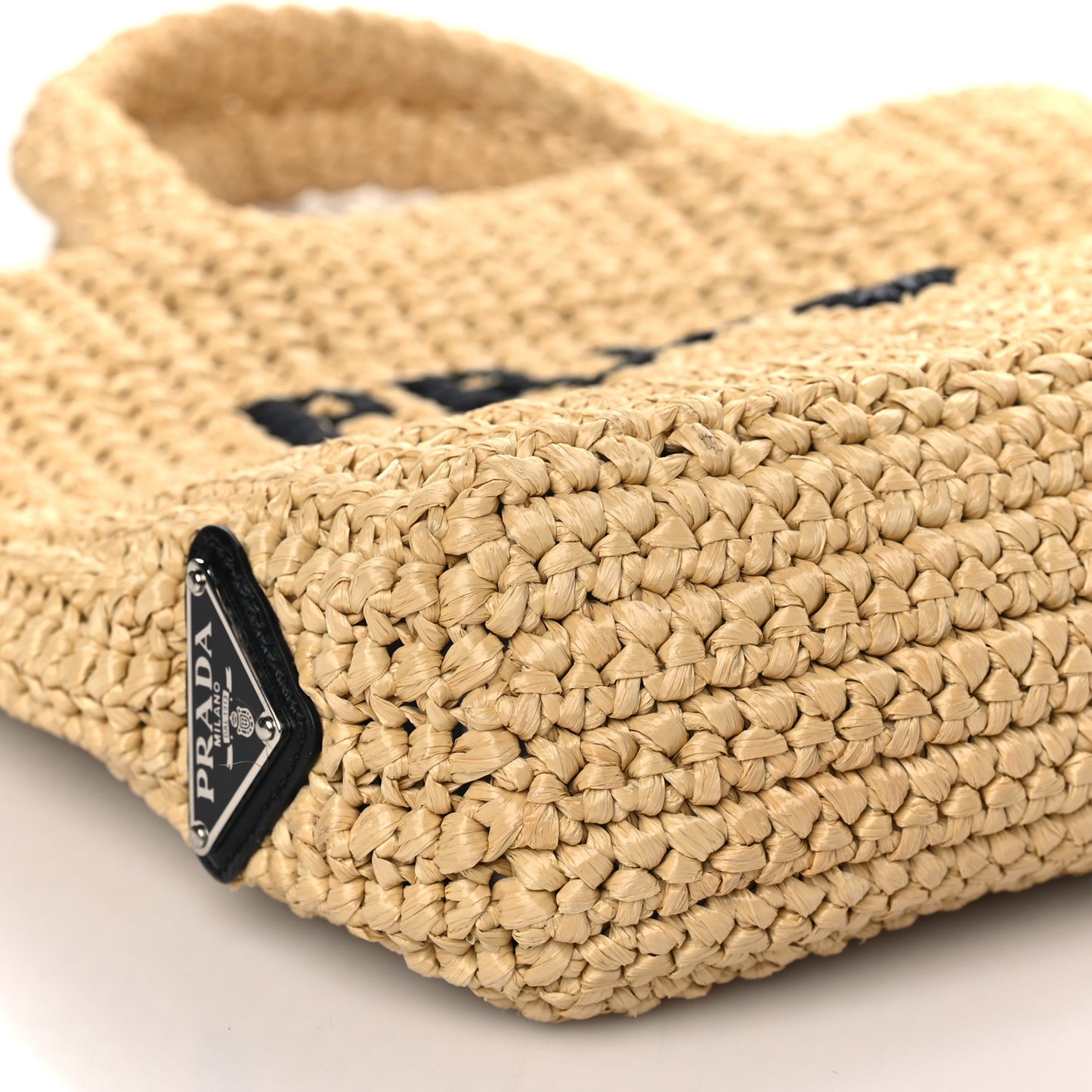 Yarn Raffia Effect Crochet Embroidered Small Logo Tote Naturale