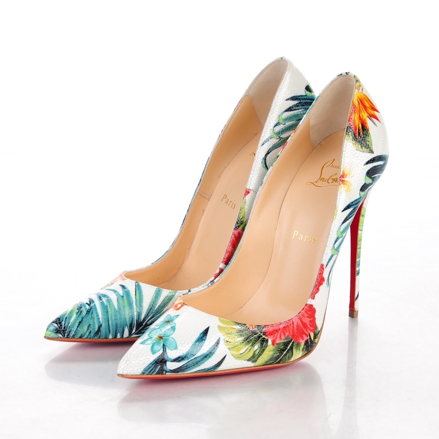 Christian Louboutin Crackled Calfskin Hawaii Print So Kate 120 Pumps 40.5 White Multi 3 of 6