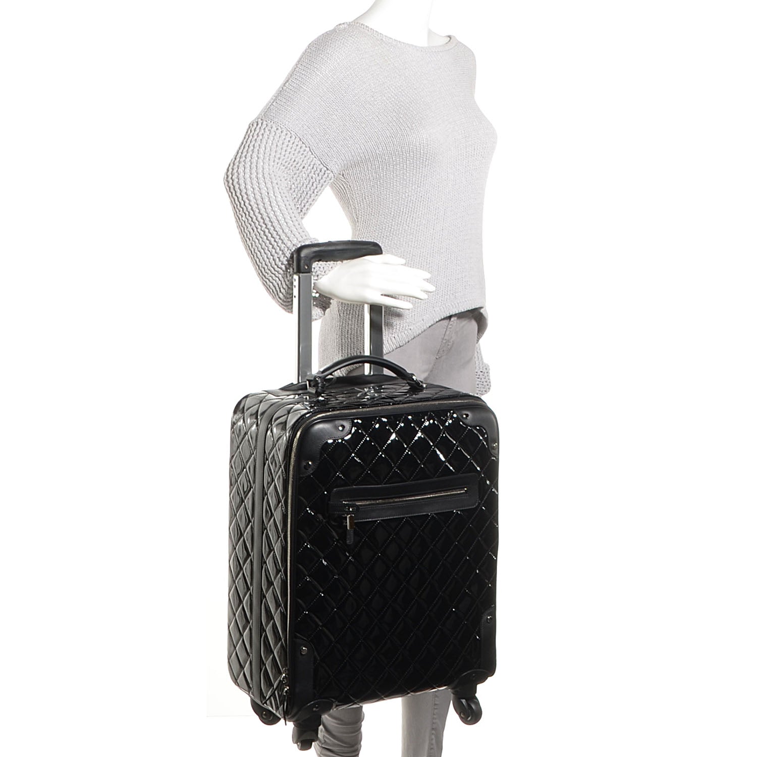 Chanel Vinyl Calfskin Quilted Trolley Rolling Luggage Black 2 of 8