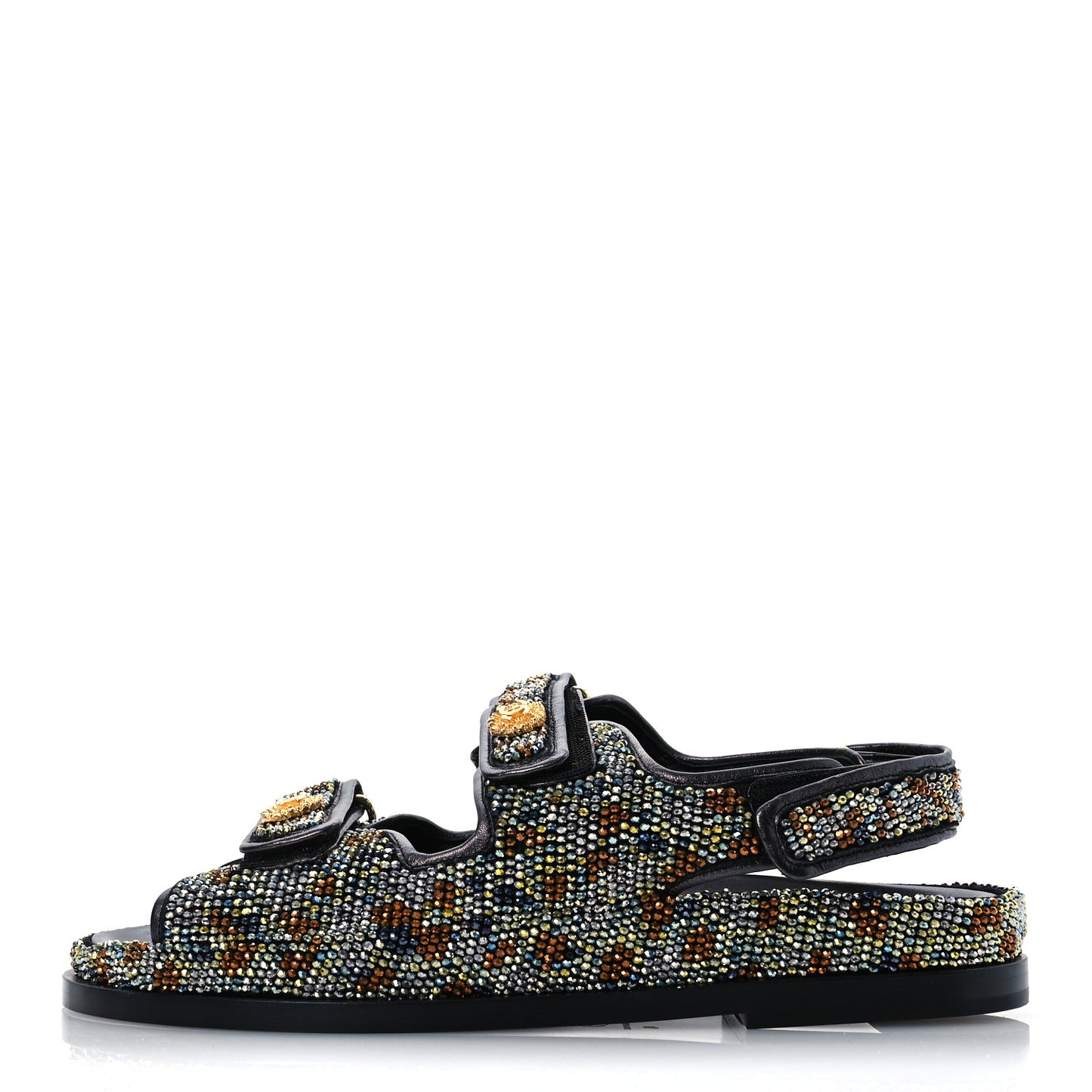 Grained Calfskin Crystal Velcro Dad Sandals 40 Black Multicolor