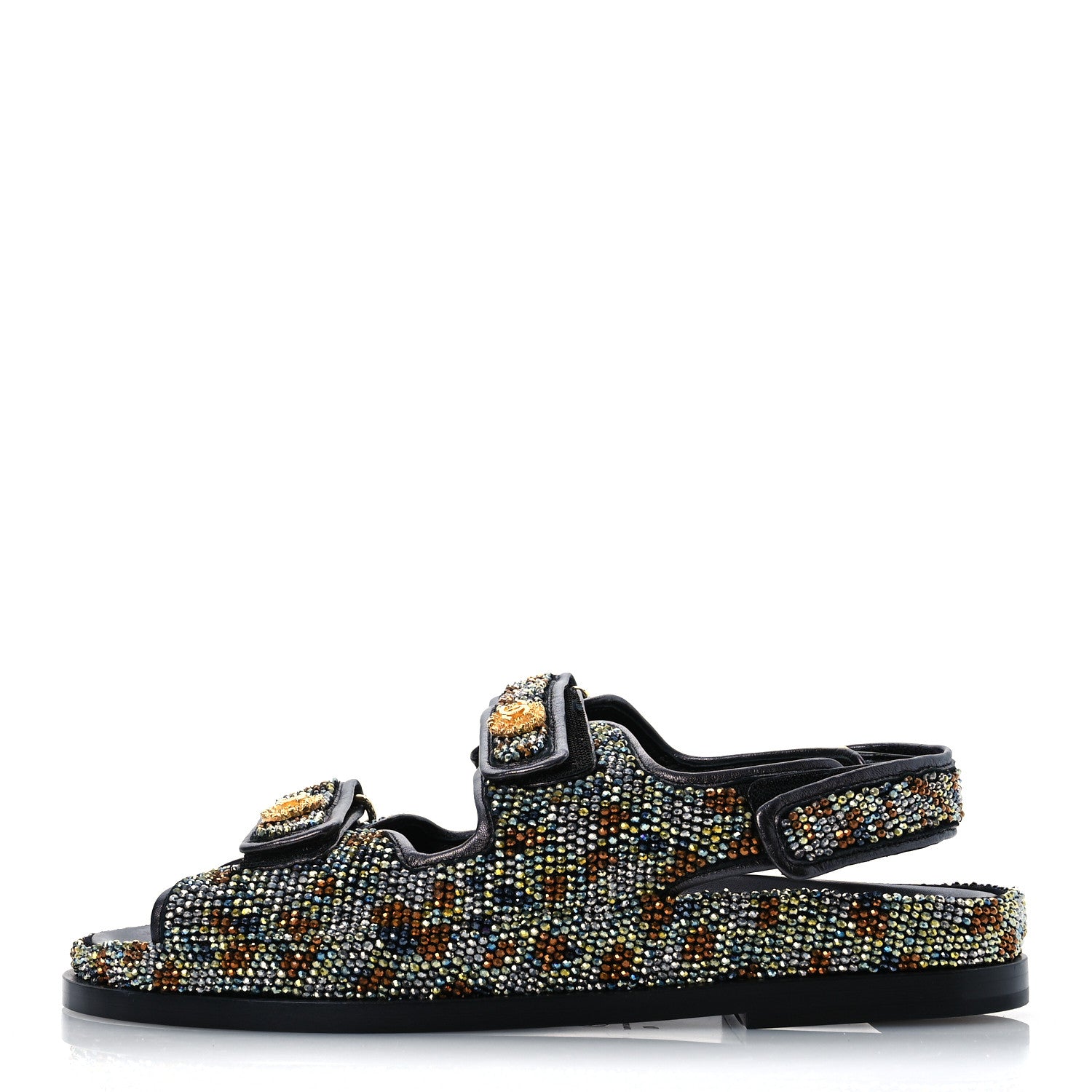 Chanel Grained Calfskin Crystal Velcro Dad Sandals 40 Black Multicolor 1 of 26