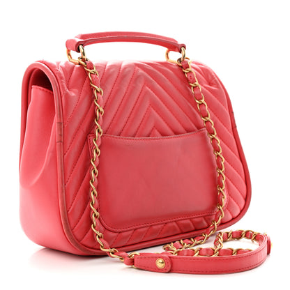 Chanel Lambskin Reverse Chevron Quilted Round Top Handle Flap Bright Pink 3 of 20