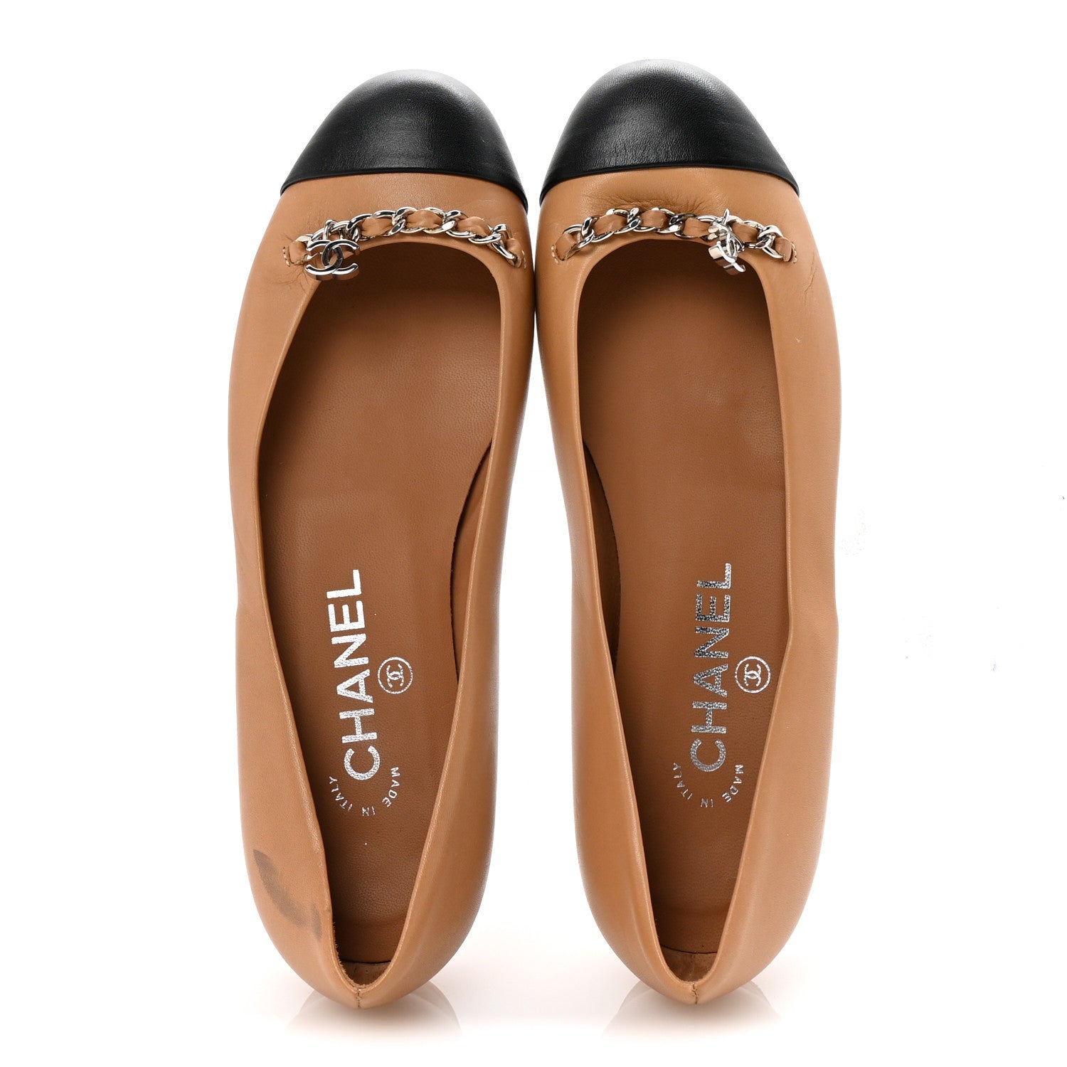 Chanel Lambskin Cap Toe Chain Ballerina Flats 37.5 Beige Black 5 of 10