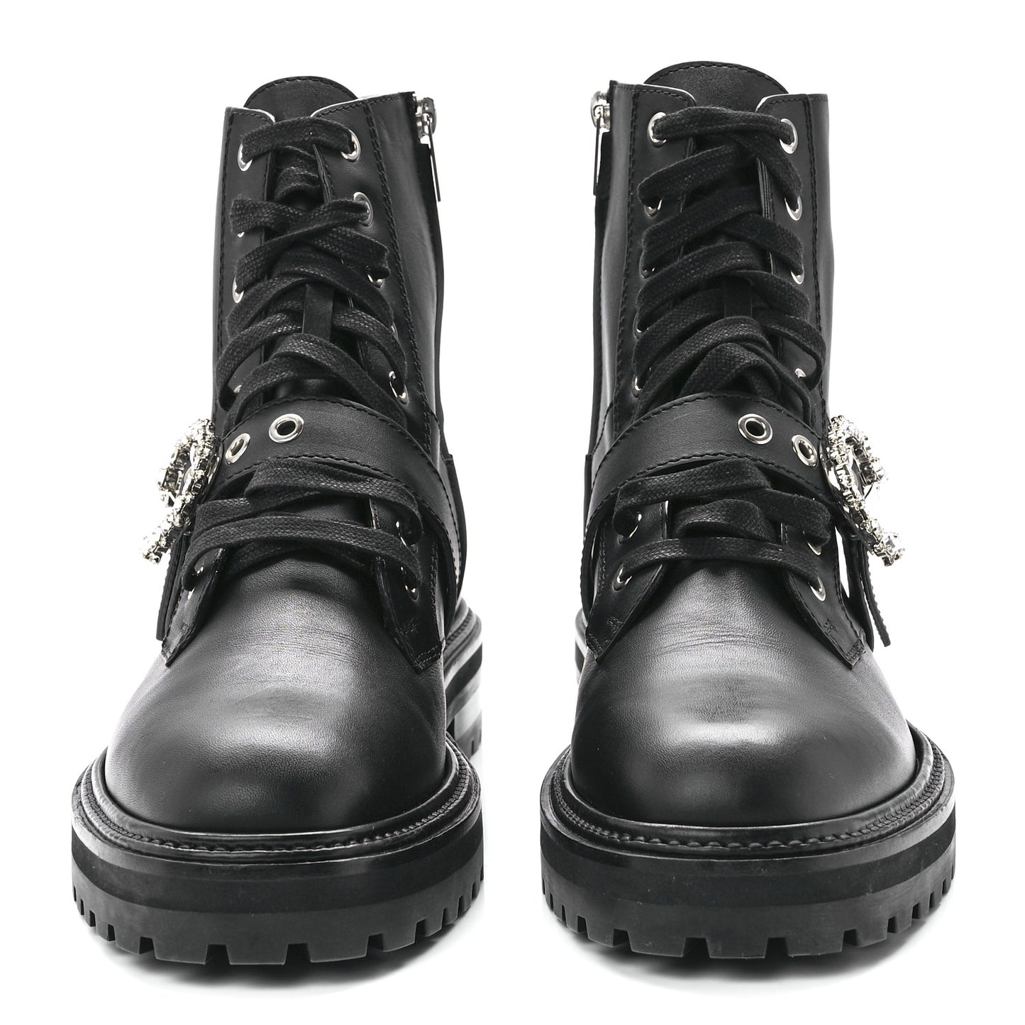 Calfskin Crystal Embellished Cora Flat Combat Boots Black 41